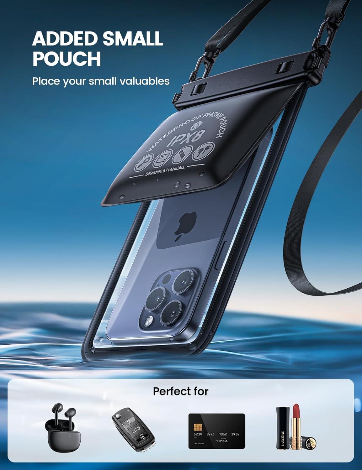 imageLamicall Waterproof Phone Pouch Case  Double Space IPX8 Water Proof Cell Phone Dry Bag with Lanyard Beach Cruise Ship Essentials for iPhone 16 15 14 13 Pro Max Galaxy S25 S24 475quot BlackBlack