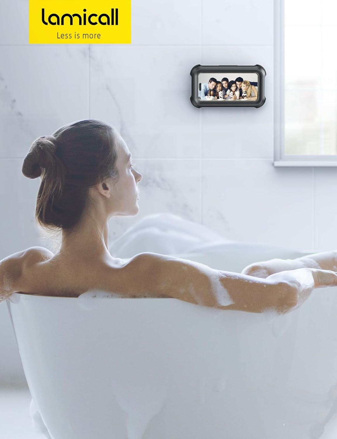 imageLamicall Waterproof Shower Phone Holder  Shower Bath Bathroom Accessories for Women Men Girls Boys Mothers Day for Mother iPhone Case Wall Mount Stand for 47quot PhonesBlack