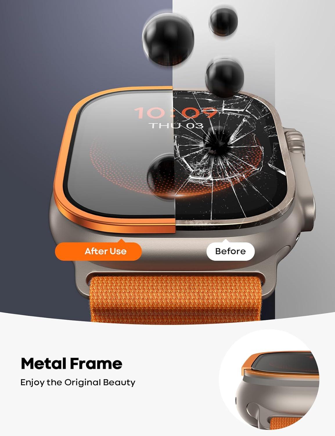 imageLamicall for Apple Watch Ultra Screen Protector  Titanium Bumper Frame Case Cover 2Pack Tempered Glass Film Sensitive Touch for iWatch Ultra 49mm Orange