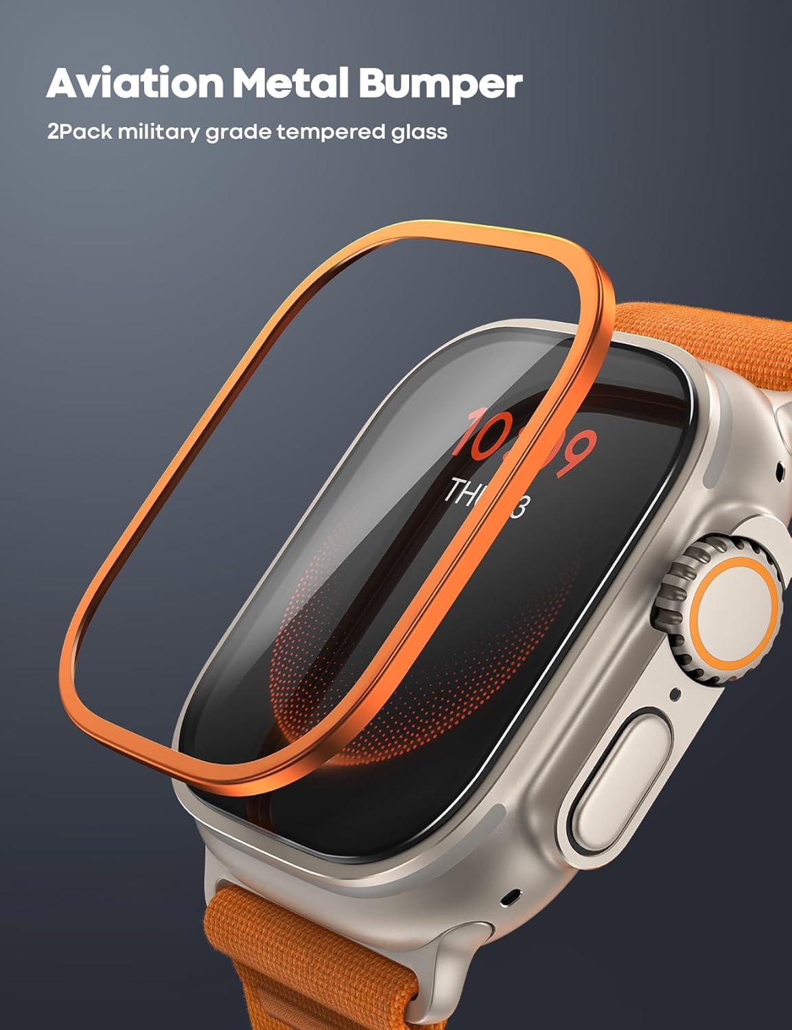 imageLamicall for Apple Watch Ultra Screen Protector  Titanium Bumper Frame Case Cover 2Pack Tempered Glass Film Sensitive Touch for iWatch Ultra 49mm Orange