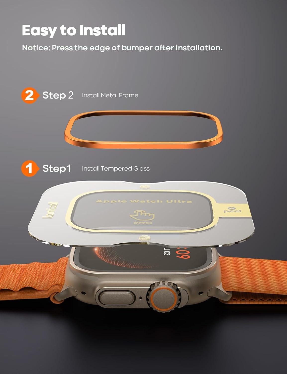 imageLamicall for Apple Watch Ultra Screen Protector  Titanium Bumper Frame Case Cover 2Pack Tempered Glass Film Sensitive Touch for iWatch Ultra 49mm Orange