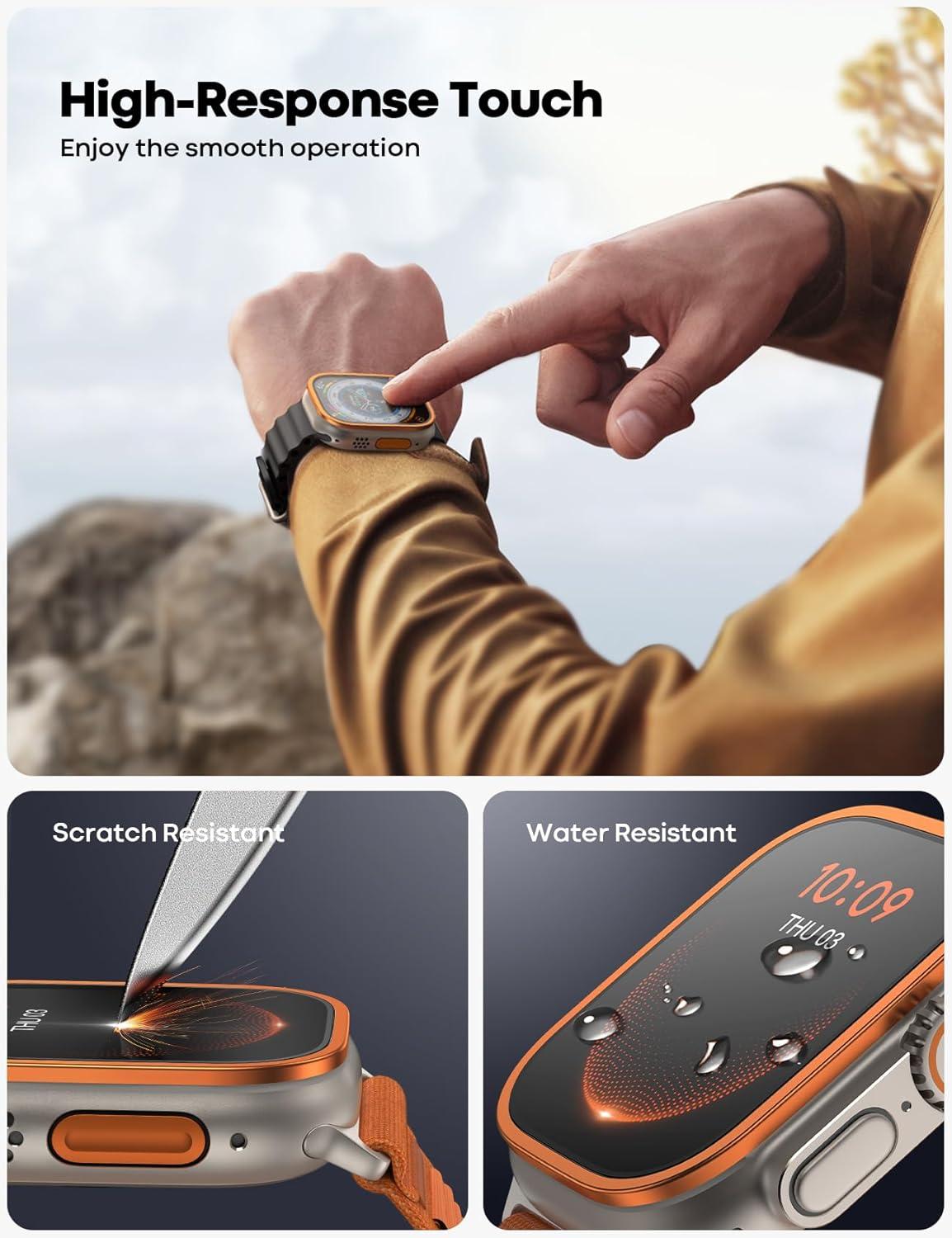 imageLamicall for Apple Watch Ultra Screen Protector  Titanium Bumper Frame Case Cover 2Pack Tempered Glass Film Sensitive Touch for iWatch Ultra 49mm Orange