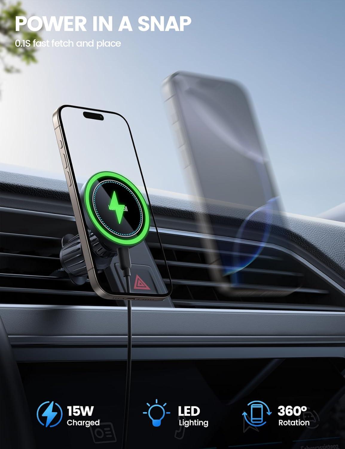 imageLamicall for MagSafe Car Mount Charger  2025 Ultra Magnet 15W Wireless Car Phone Holder Charger  HandsFree Magnetic Phone Holders for Your Car Vent for iPhone 16 15 14 13 Pro Max Mag Safe CaseBlack