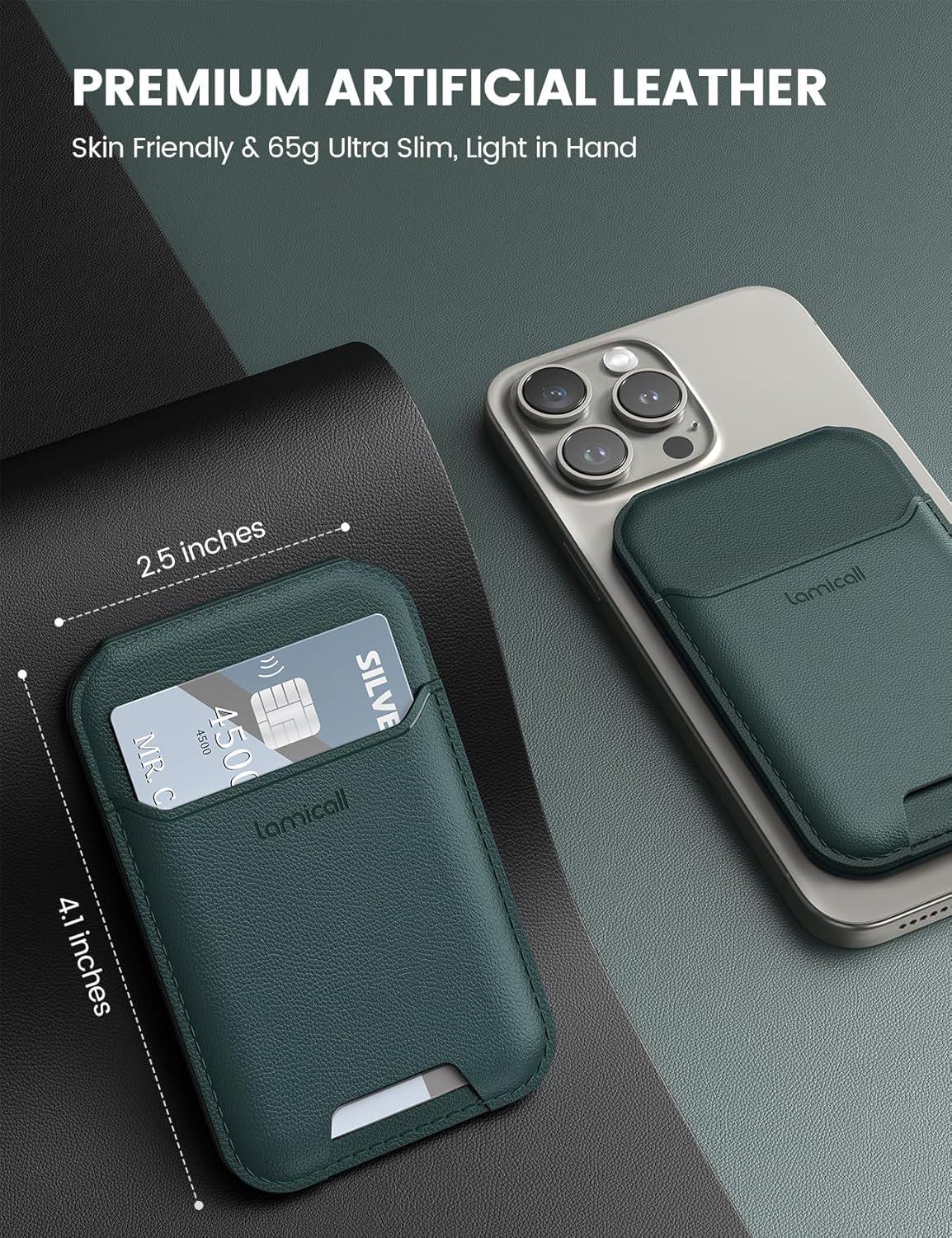 imageLamicall for Magsafe Wallet Stand  Upgraded 65g Light Slim Phone 3 Cards Holder Adjustable Leather Apple iPhone Wallet Stand Magnetic for iPhone 15141312 Series Not for Mini Dark Green