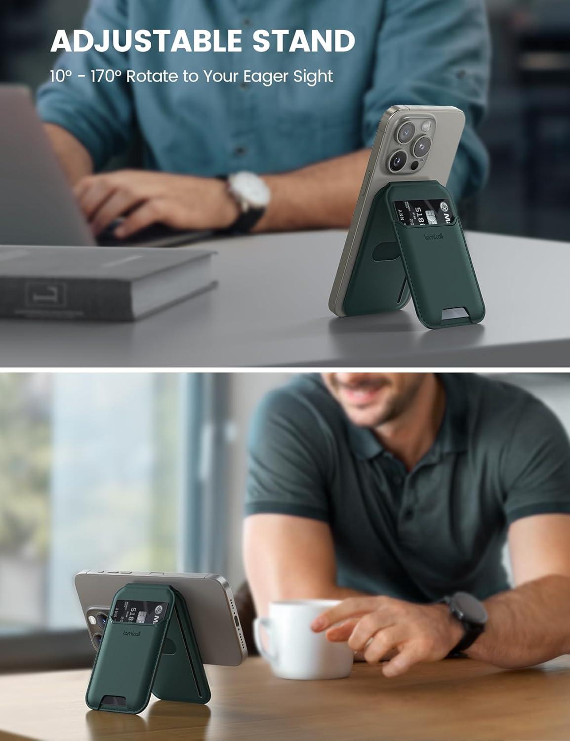 imageLamicall for Magsafe Wallet Stand  Upgraded 65g Light Slim Phone 3 Cards Holder Adjustable Leather Apple iPhone Wallet Stand Magnetic for iPhone 15141312 Series Not for Mini Dark Green