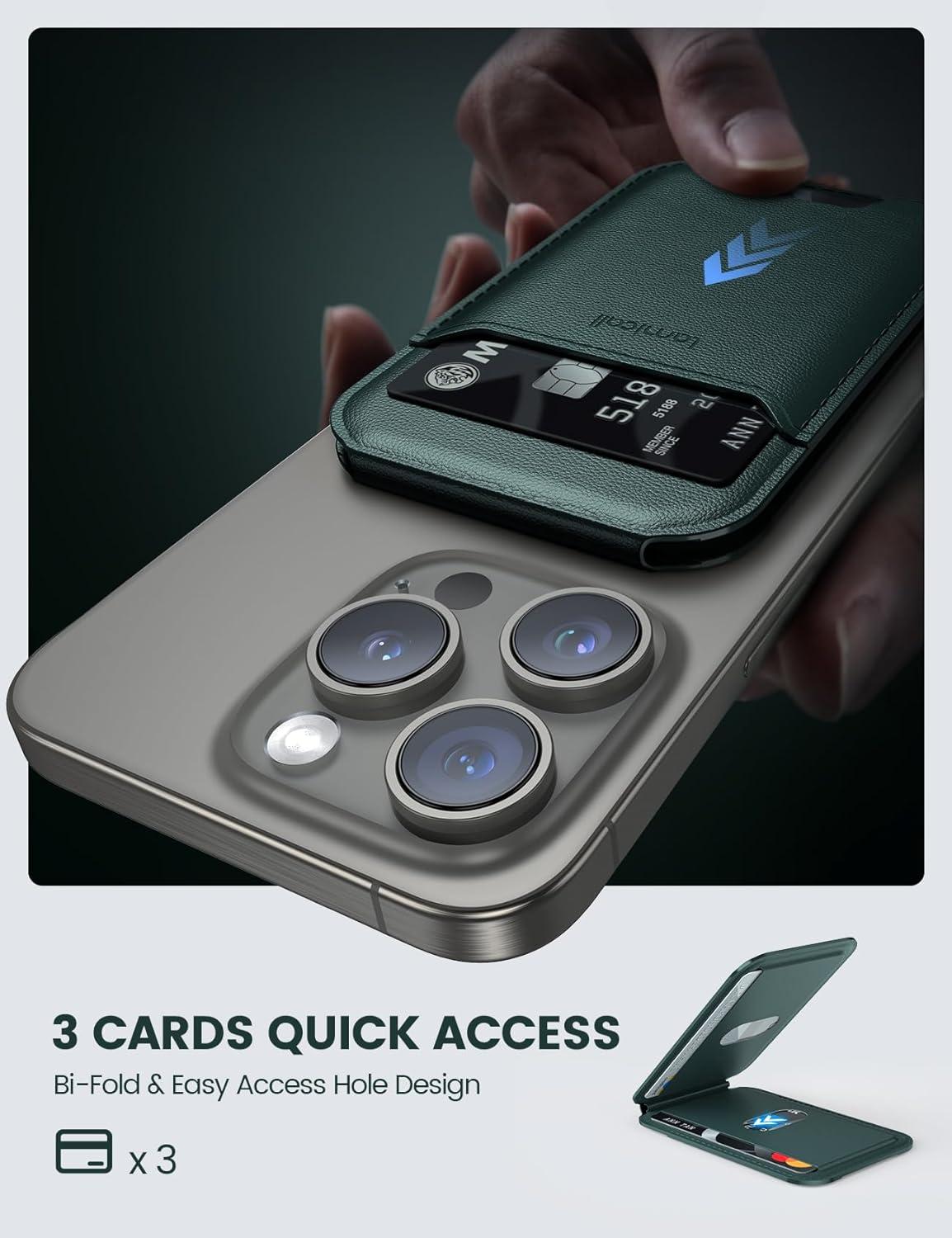 imageLamicall for Magsafe Wallet Stand  Upgraded 65g Light Slim Phone 3 Cards Holder Adjustable Leather Apple iPhone Wallet Stand Magnetic for iPhone 15141312 Series Not for Mini Dark Green