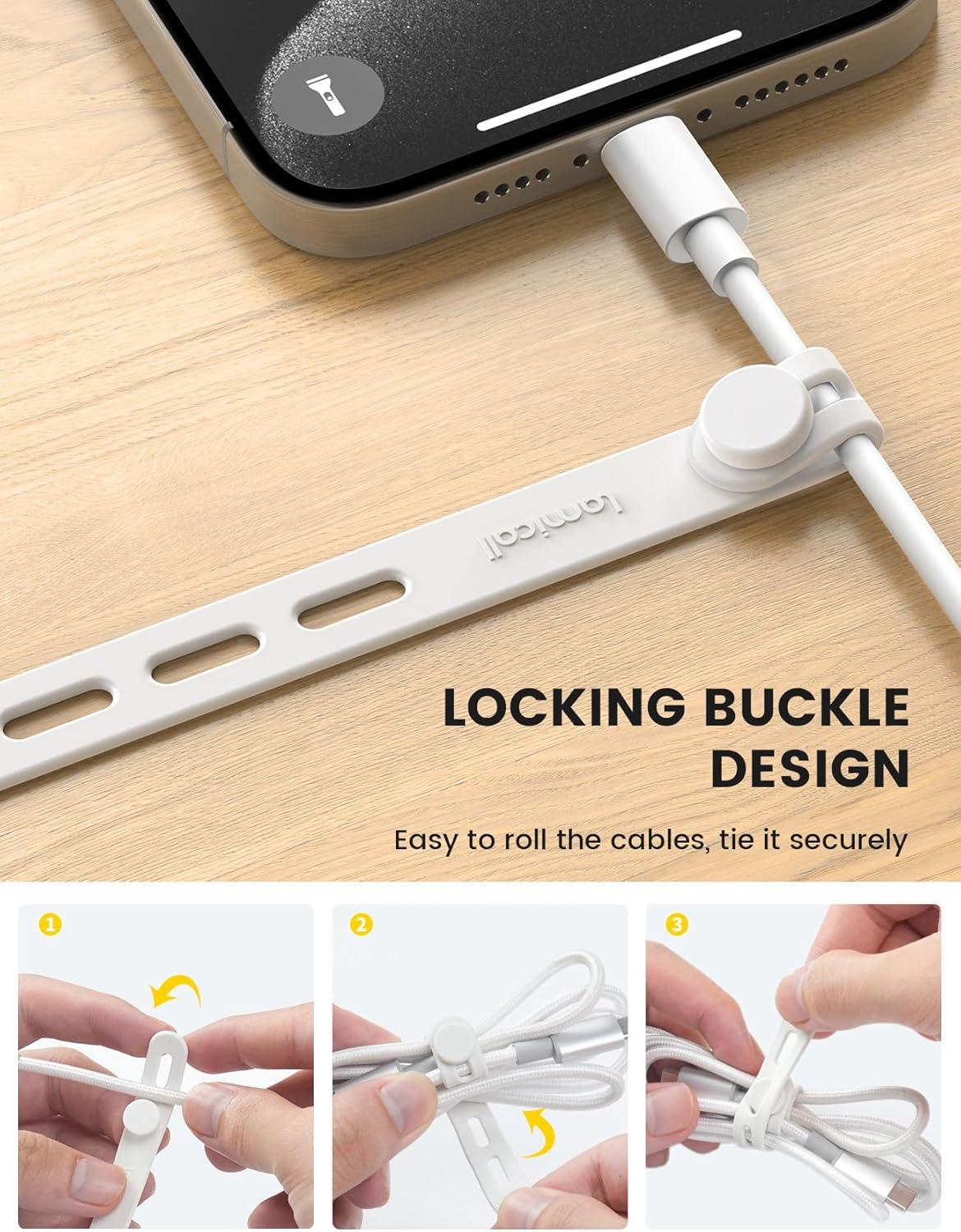 image10Pack Silicone Cable Ties Cord Organizer Wrap  Lamicall Durable Reusable Wire Management with Lock Buckle Elastic Charger Cable Strap Ties Electrical Cord Keeper for Travel Home AccessoriesWhite