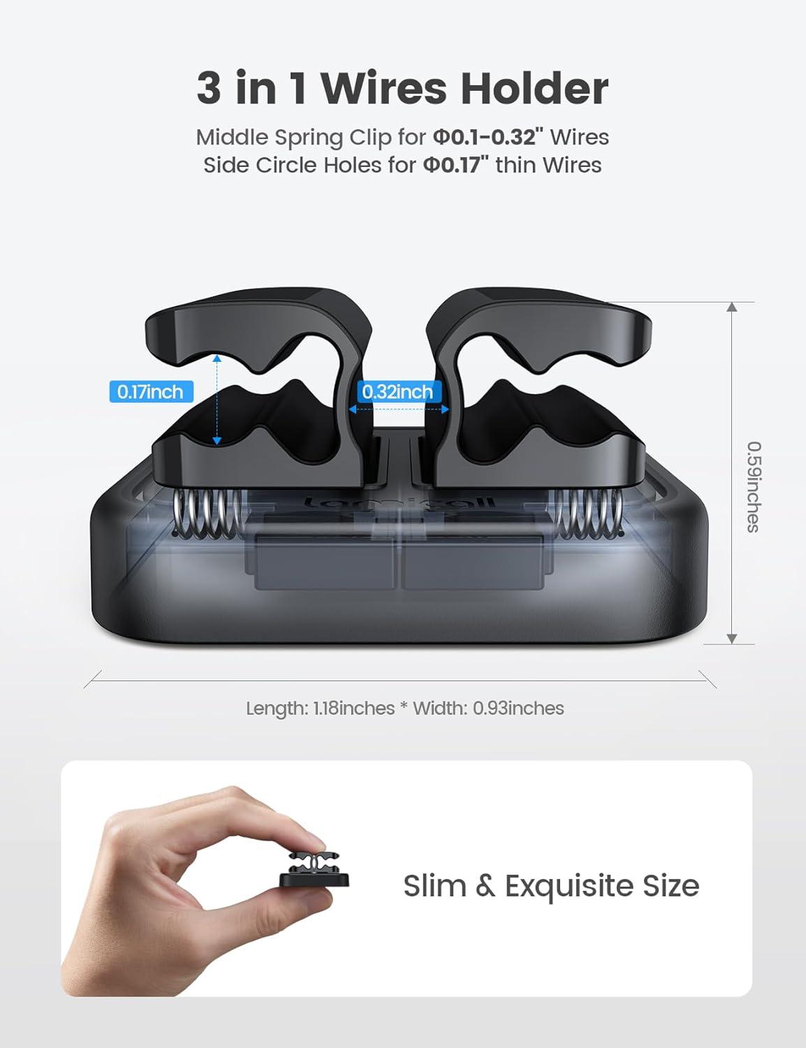 image6Pack Cord Organzier Spring Clip Holder  Lamicall 3in1 Small Clips for Desk Cable Management Adhesive Adjustable Cable Clips Holder for Charger Wire USB Cord Office Car Desk AccessoriesBlack