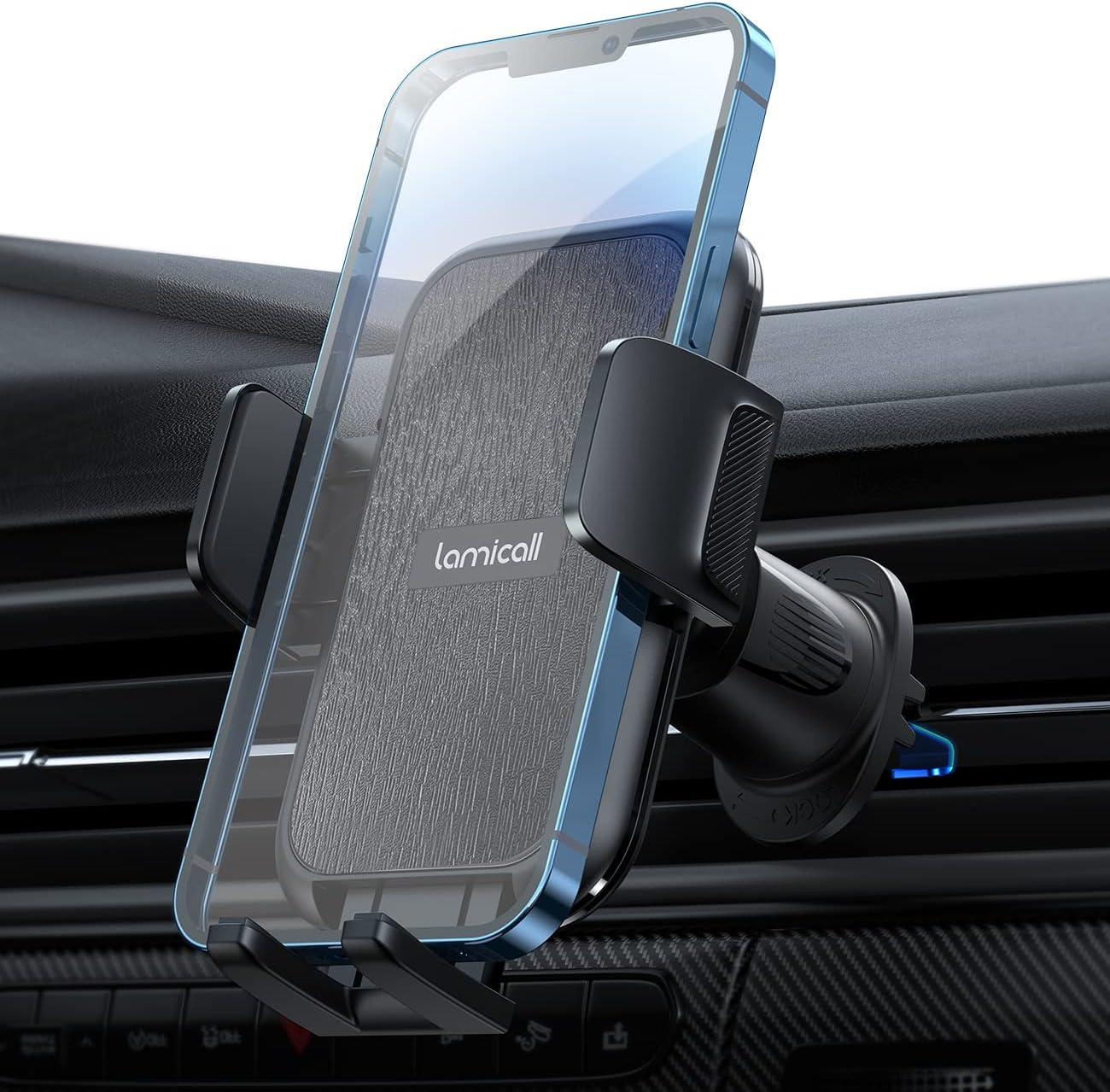 imageLamicall 2025 Wider Clamp ampamp Metal Hook Car Phone Holder Vent Thick Cases Friendly Phone Holders for Your Car Mount Automobile Hands Free Cradle Air Vent for iPhone 16 15 14 13 Pro Max SmartphoneNEW Upgraded  Wood grain