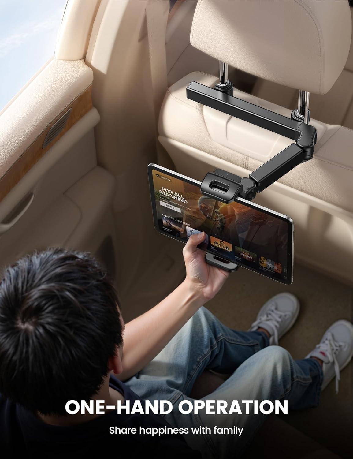 imageLamicall Car Headrest Tablet Holder  3 in 1 Extension Arm Adjustable Tablet Car Mount for Back Seat Road Trip Essentials for Kids for 4711quot Device Like iPad Pro Air Mini Galaxy Fire BlackBlack