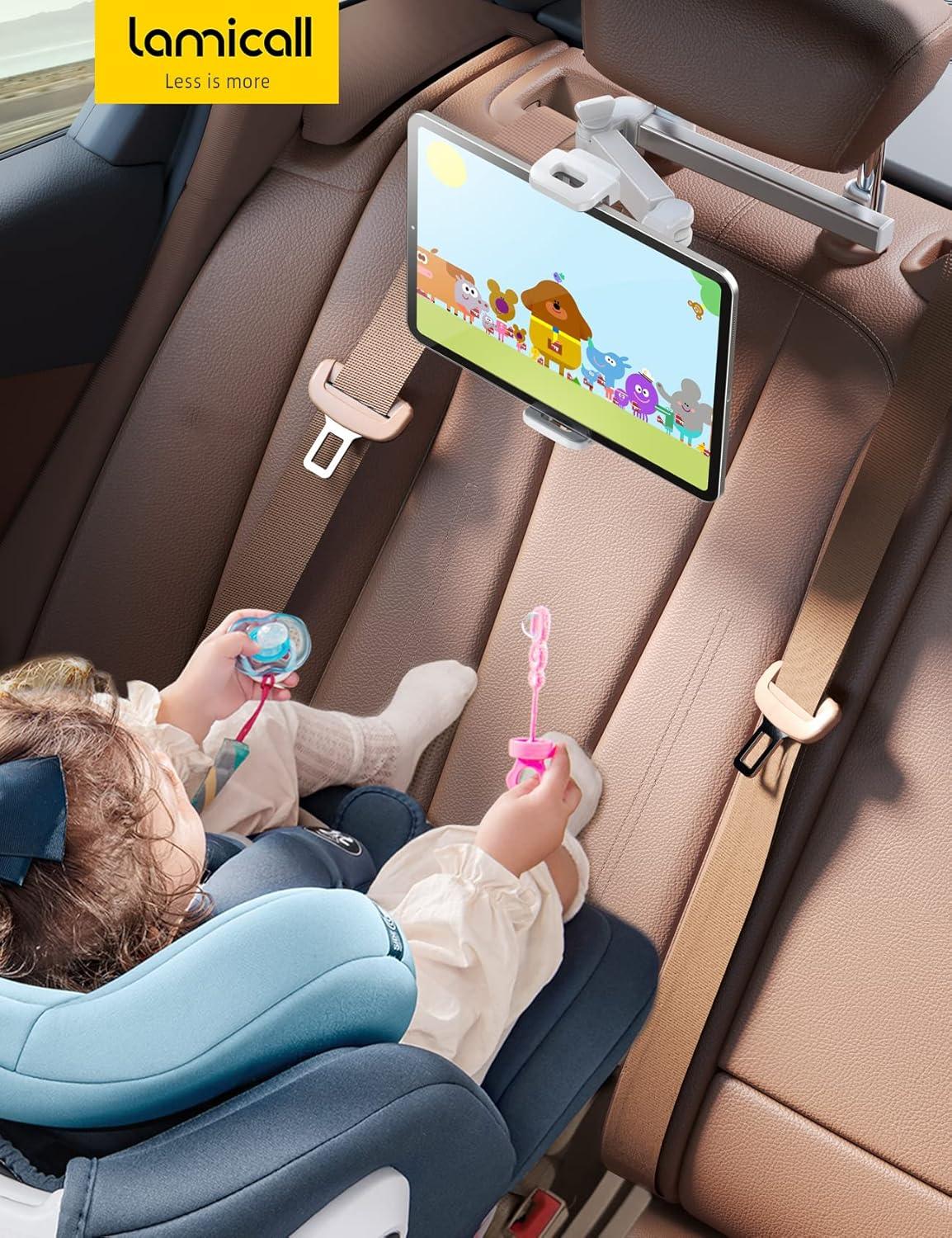 imageLamicall Car Headrest Tablet Holder  3 in 1 Extension Arm Adjustable Tablet Car Mount for Back Seat Road Trip Essentials for Kids for 4711quot Device Like iPad Pro Air Mini Galaxy Fire BlackWhite