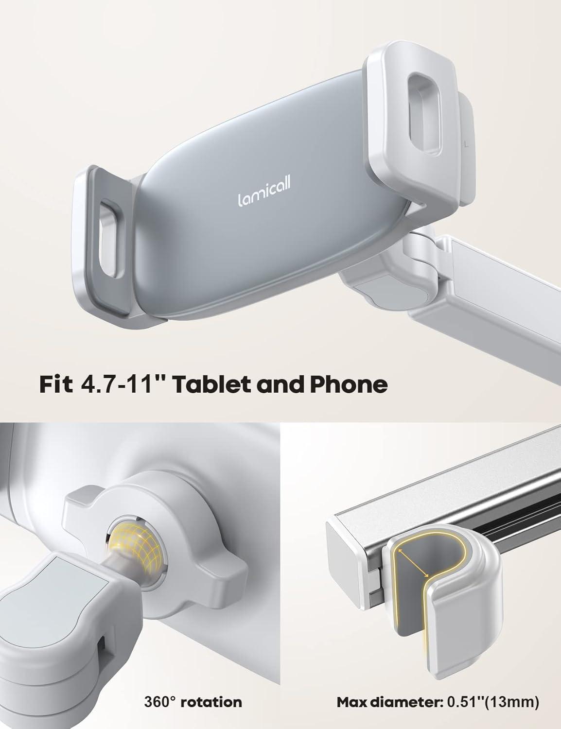 imageLamicall Car Headrest Tablet Holder  3 in 1 Extension Arm Adjustable Tablet Car Mount for Back Seat Road Trip Essentials for Kids for 4711quot Device Like iPad Pro Air Mini Galaxy Fire BlackWhite