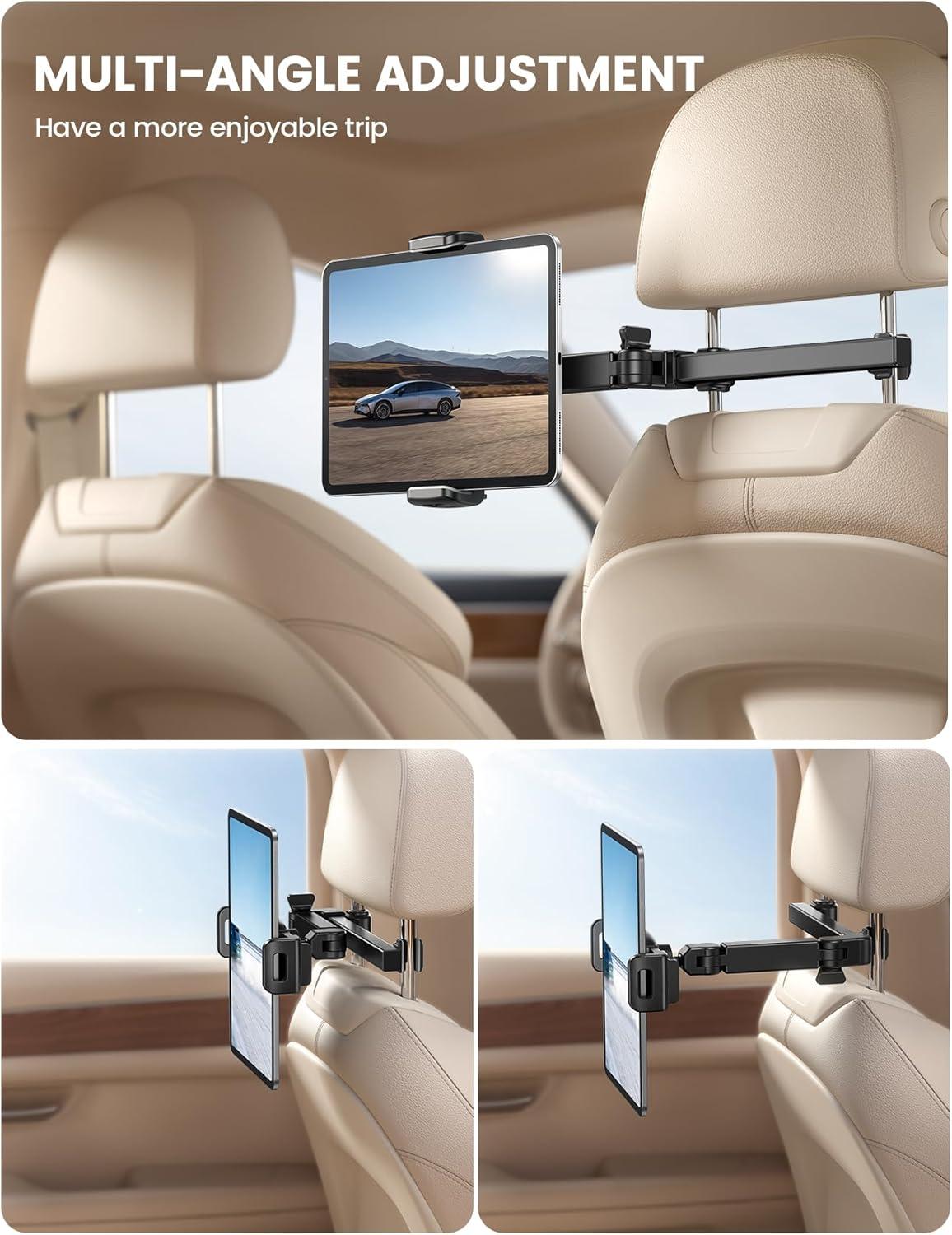 imageLamicall Car Headrest Tablet Holder  3 in 1 Extension Arm Adjustable Tablet Car Mount for Back Seat Road Trip Essentials for Kids for 4711quot Device Like iPad Pro Air Mini Galaxy Fire BlackBlack