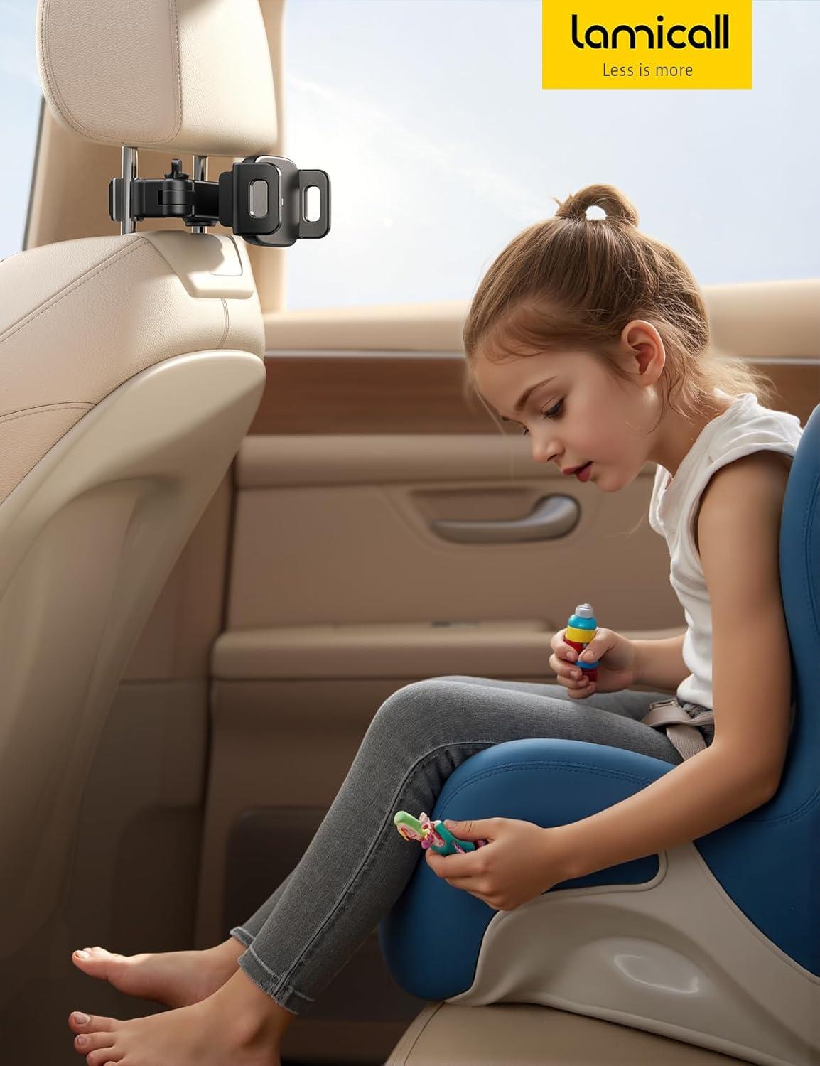 imageLamicall Car Headrest Tablet Holder  3 in 1 Extension Arm Adjustable Tablet Car Mount for Back Seat Road Trip Essentials for Kids for 4711quot Device Like iPad Pro Air Mini Galaxy Fire BlackBlack