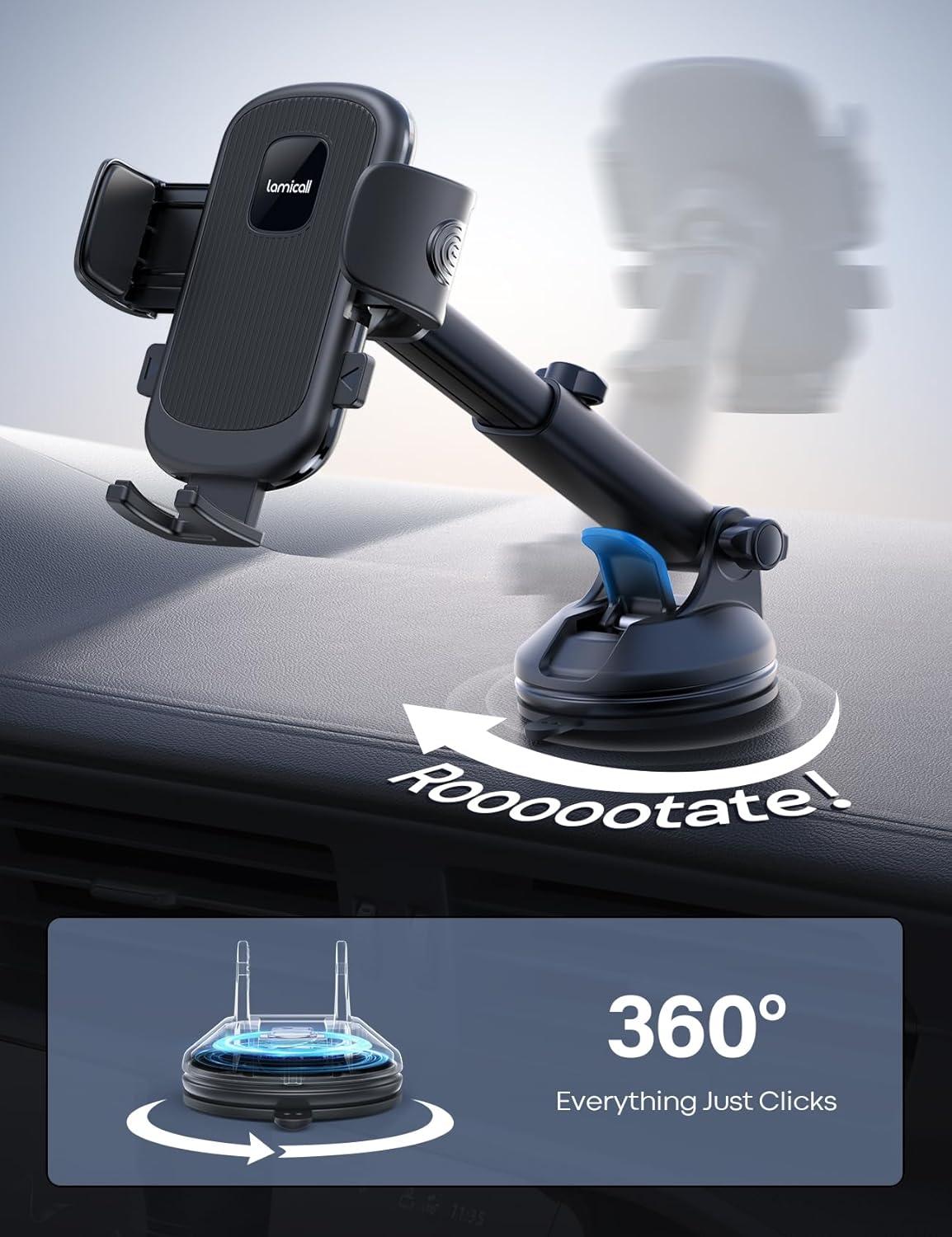 imageLamicall Car Phone Holder  Strongest MilitaryGrade Suction Cup 360 Rotation Phone Holders for Your Car Quick Release Adjustable Car Phone Mount Dashboard for iPhone 16 Galaxy Smartphone TruckBlack