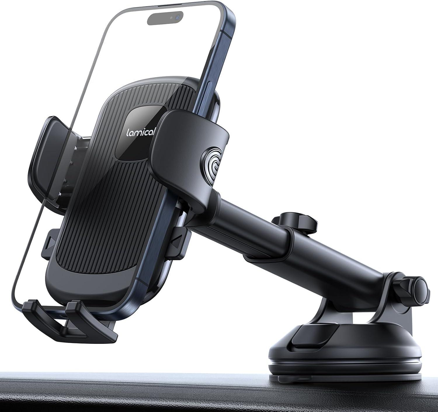 imageLamicall Car Phone Holder  Strongest MilitaryGrade Suction Cup 360 Rotation Phone Holders for Your Car Quick Release Adjustable Car Phone Mount Dashboard for iPhone 16 Galaxy Smartphone TruckBlack