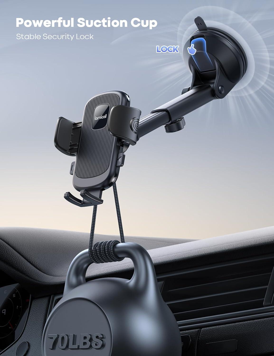 imageLamicall Car Phone Holder  Strongest MilitaryGrade Suction Cup 360 Rotation Phone Holders for Your Car Quick Release Adjustable Car Phone Mount Dashboard for iPhone 16 Galaxy Smartphone TruckBlack