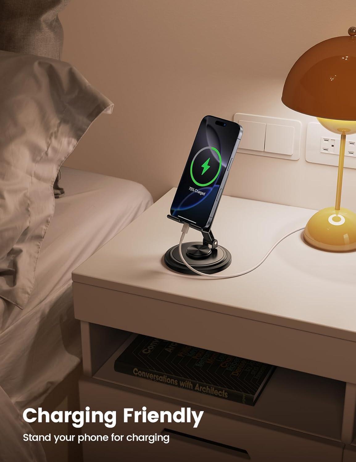 imageLamicall Cell Phone Stand for Desk  360 Rotation Sturdy Adjustable Desktop Phone Holder Foldable Mobile Stand Office Desk Accessories for iPhone 16 15 14 Pro Max Galaxy S25 S24 All PhonesBlack
