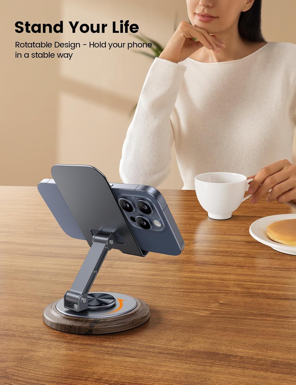 imageLamicall Cell Phone Stand for Desk  360 Rotation Sturdy Adjustable Desktop Phone Holder Foldable Mobile Stand Office Desk Accessories for iPhone 16 15 14 Pro Max Galaxy S25 S24 All PhonesGrey
