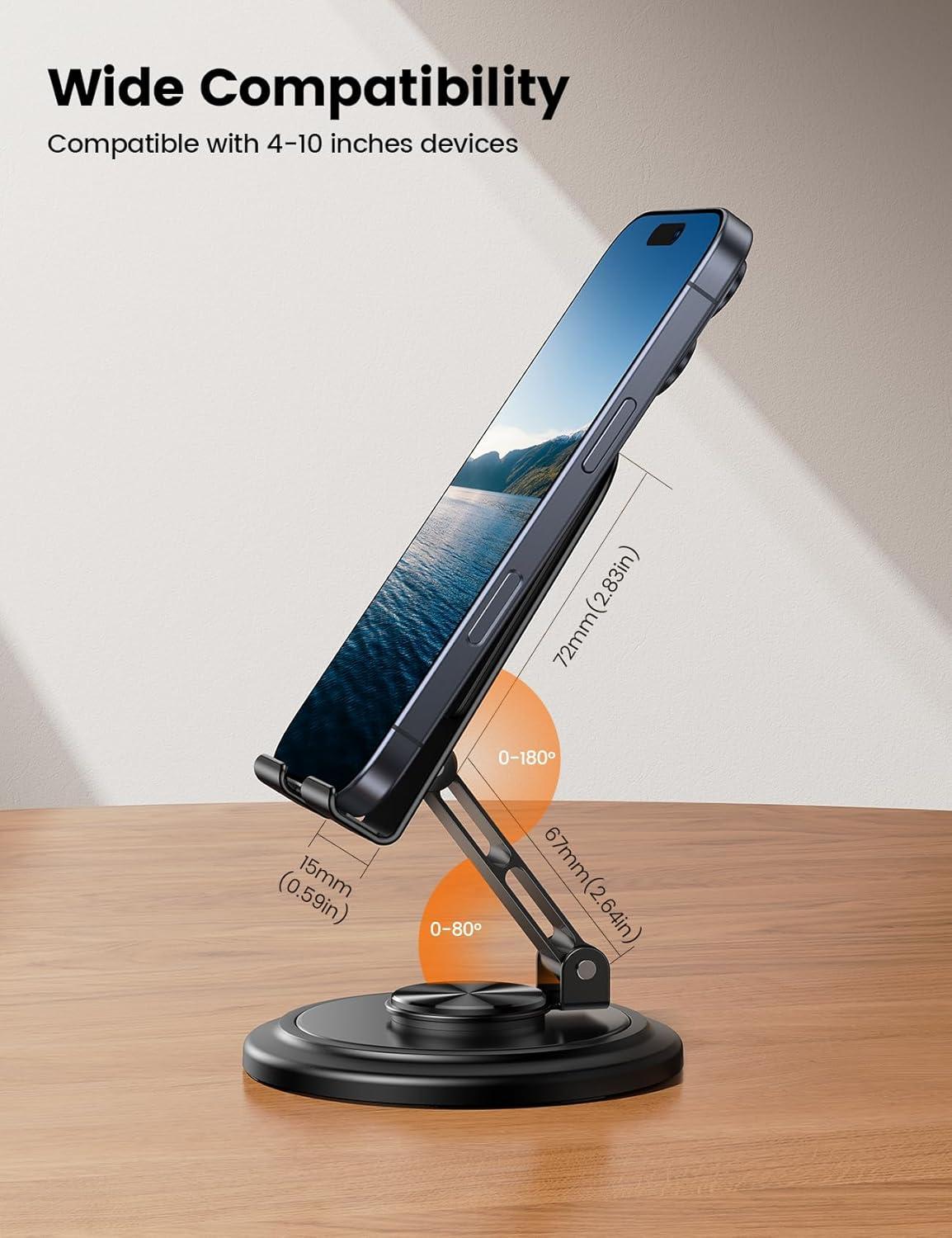 imageLamicall Cell Phone Stand for Desk  360 Rotation Sturdy Adjustable Desktop Phone Holder Foldable Mobile Stand Office Desk Accessories for iPhone 16 15 14 Pro Max Galaxy S25 S24 All PhonesBlack