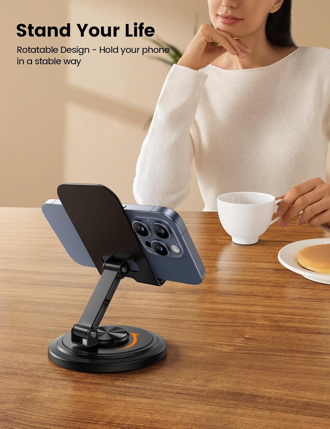 imageLamicall Cell Phone Stand for Desk  360 Rotation Sturdy Adjustable Desktop Phone Holder Foldable Mobile Stand Office Desk Accessories for iPhone 16 15 14 Pro Max Galaxy S25 S24 All PhonesBlack