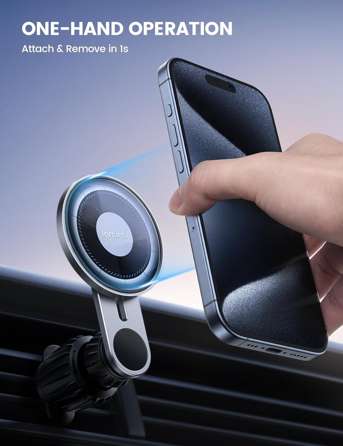 imageLamicall Fits MagSafe Car Mount Vent  2024 Upgraded HD Glass Surface Magnetic Phone Holders for Your Car  Car Phone Holder Mount for iPhone 16 15 14 13 Pro Plus Max Mini for Mag Safe Case