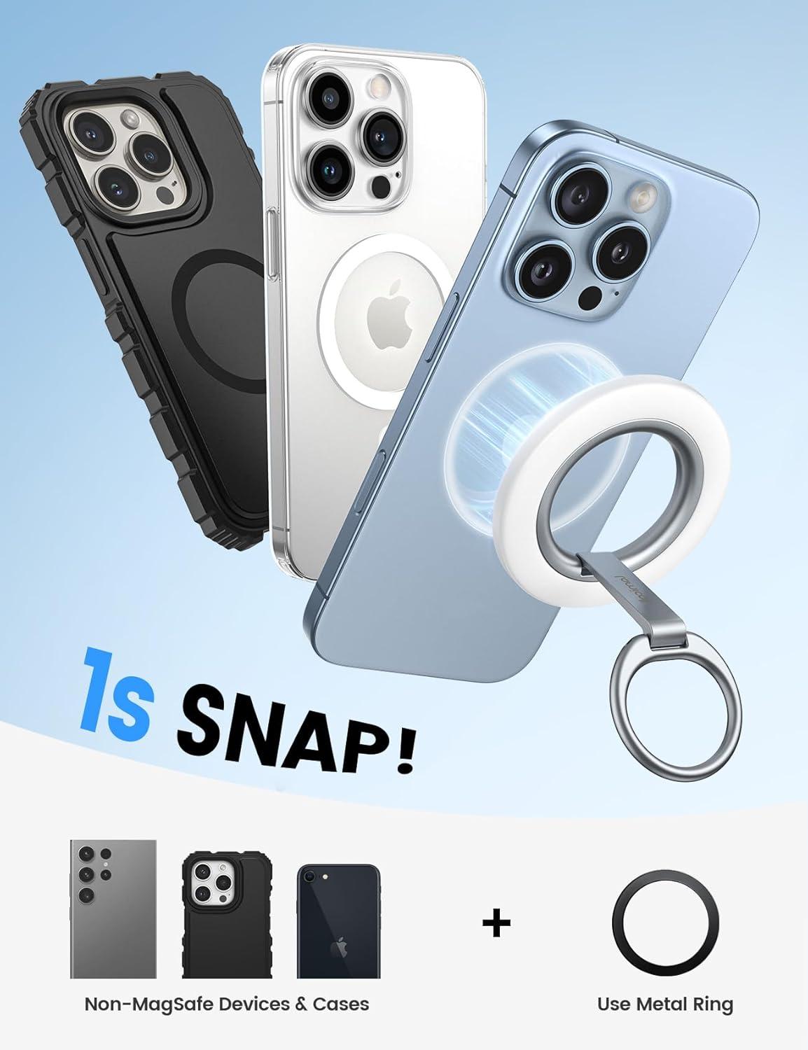 imageLamicall Magnetic Phone Ring Grip Stand  2025 Stable DualHinge Ring Kickstand Finger Holder Super Magnet 360 Rotation Ring Grip for MagSafe Accessories for iPhone 16 15 14 Pro Max White