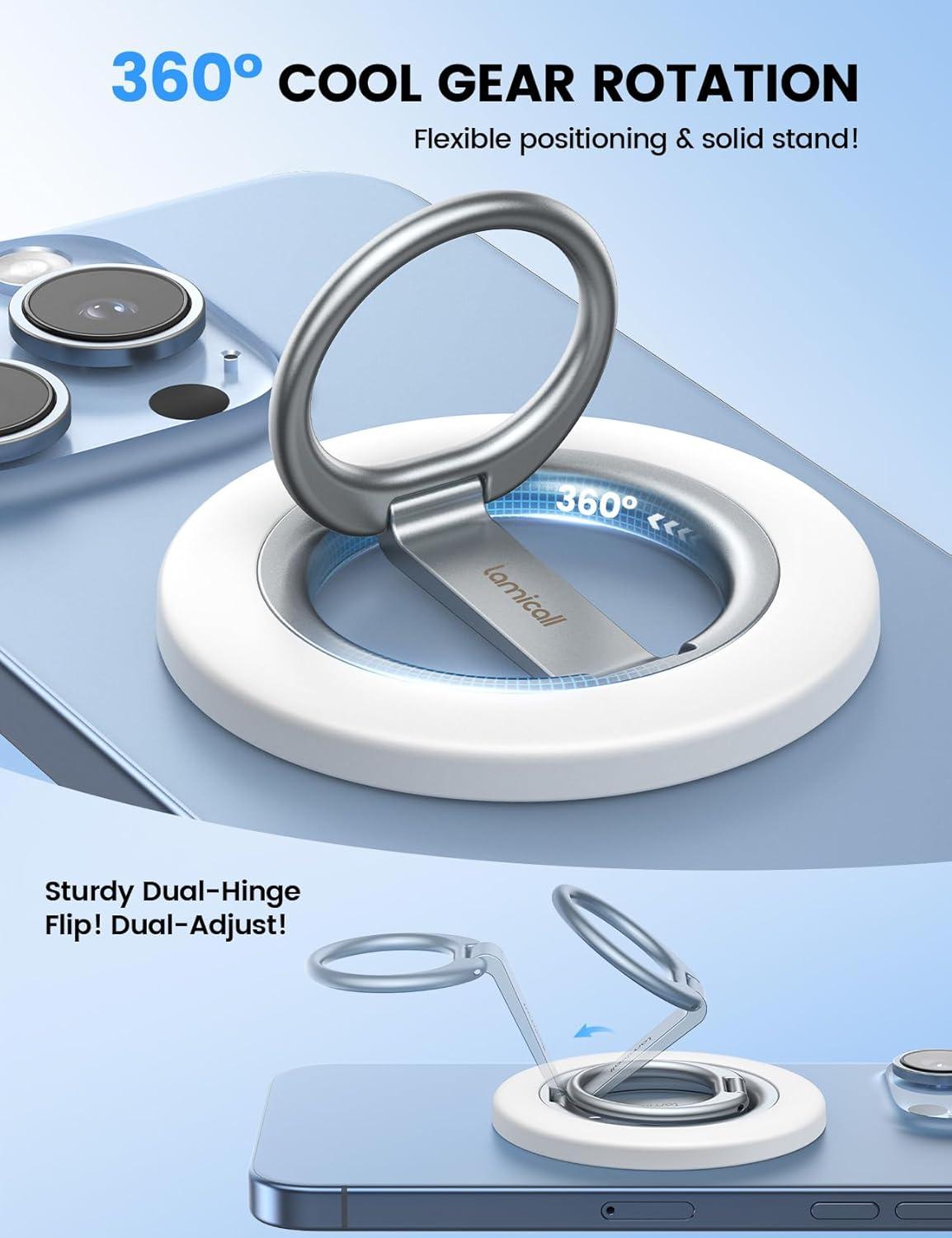imageLamicall Magnetic Phone Ring Grip Stand  2025 Stable DualHinge Ring Kickstand Finger Holder Super Magnet 360 Rotation Ring Grip for MagSafe Accessories for iPhone 16 15 14 Pro Max White
