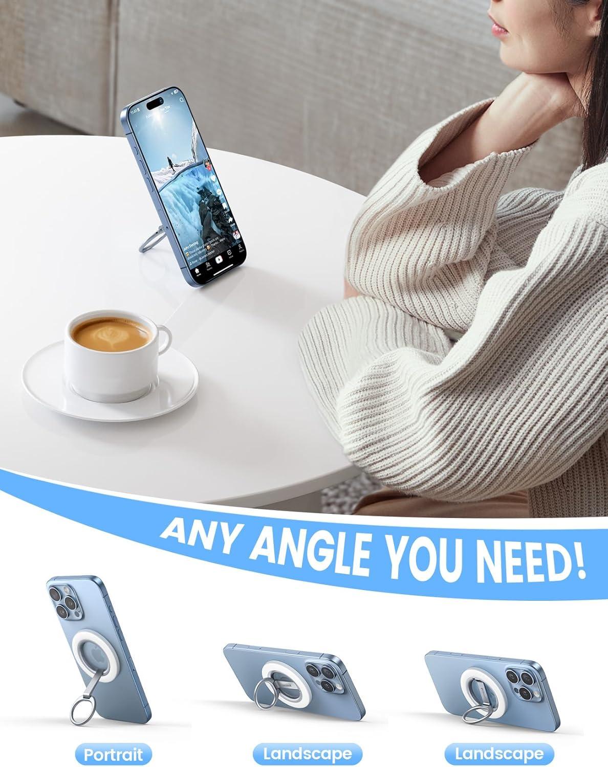 imageLamicall Magnetic Phone Ring Grip Stand  2025 Stable DualHinge Ring Kickstand Finger Holder Super Magnet 360 Rotation Ring Grip for MagSafe Accessories for iPhone 16 15 14 Pro Max White