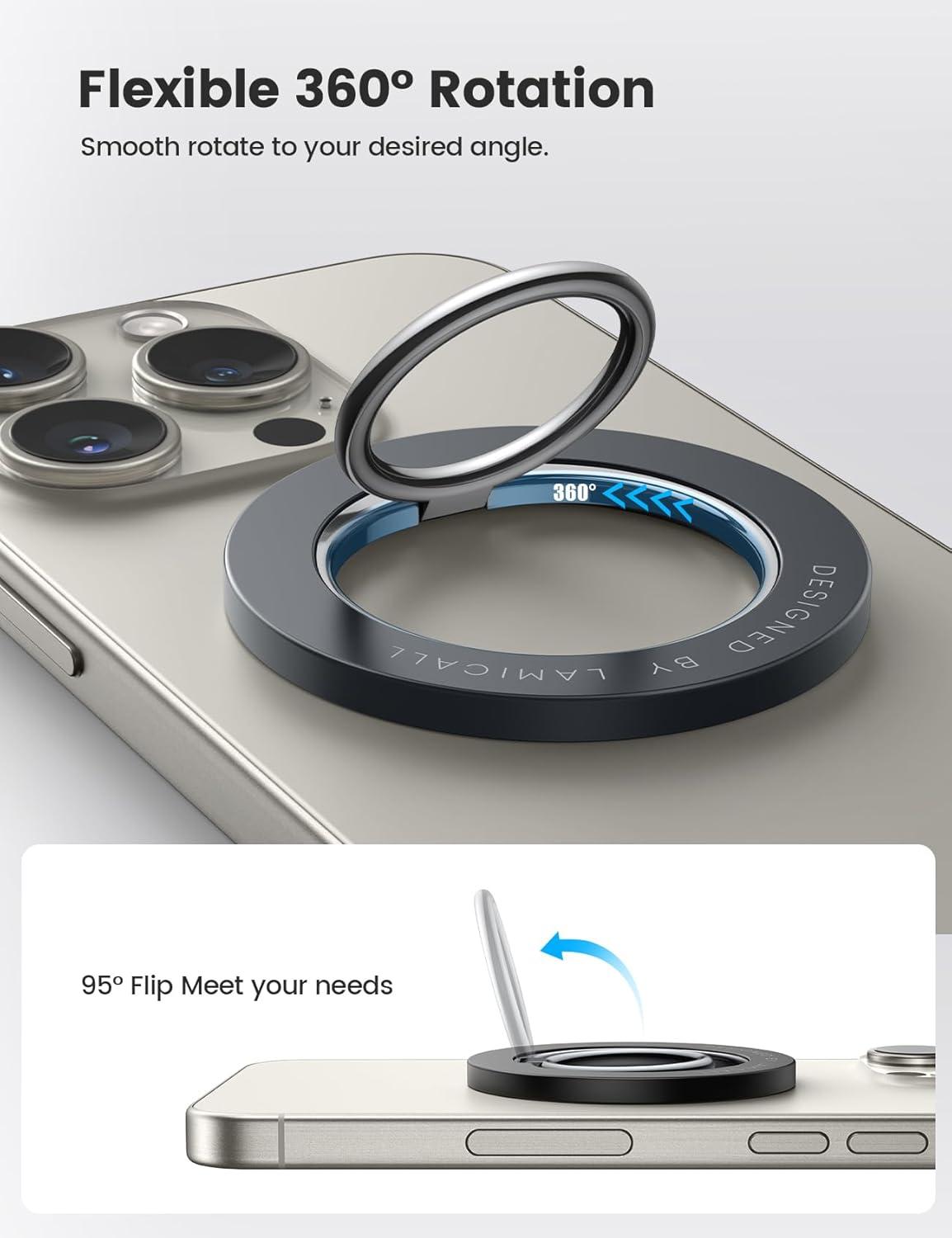 imageLamicall Magnetic Phone Ring Holder for MagSafe Flexible 360 Rotation Magnet Finger Ring Grip Stand Holder Fit for iPhone 16 15 14 13 12 Pro Pro Max Plus Mag Safe Accessories Misty Black
