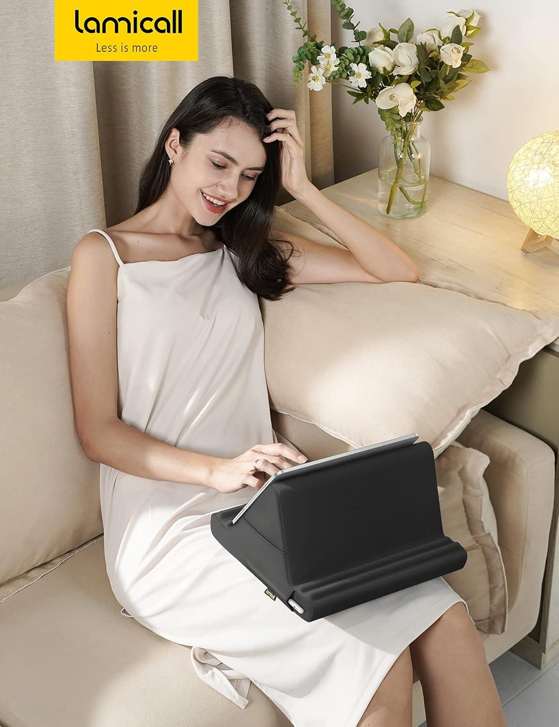 imageLamicall Tablet Pillow Holder Stand  Tablet Pillow Soft Pad Dock for Lap Bed and Desk with Pocket ampamp 4 Viewing Angles for 2022 iPad Pro 11 129 Air Mini Kindle 413quot Phone and Tablet BlackBlack