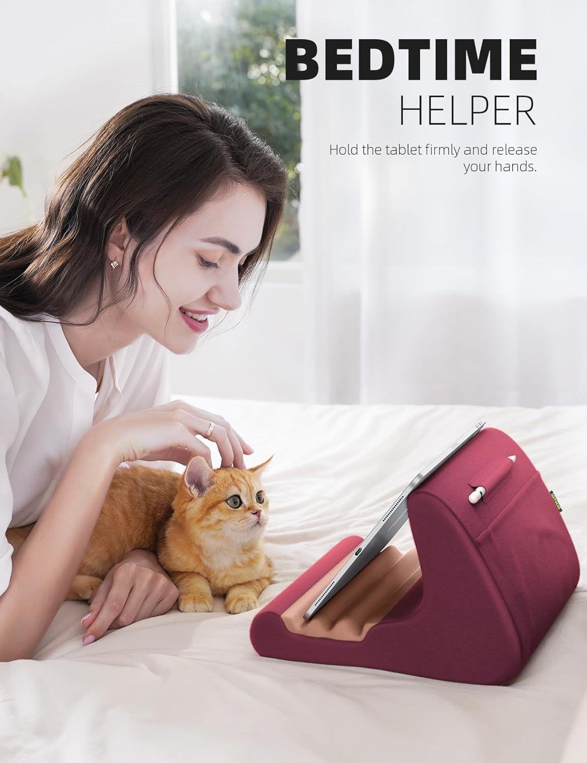 imageLamicall Tablet Stand Pillow Holder  Soft Pad for Bed Lap Dock With Stylus Mount ampamp Pocket for iPad Pro 129 Air Mini Kindle Galaxy Tab and 413quot Tablets Dark GreyDark Red