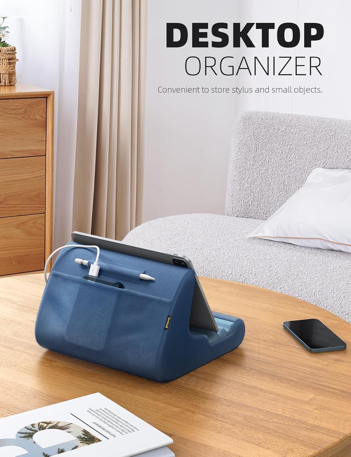 imageLamicall Tablet Stand Pillow Holder  Soft Pad for Bed Lap Dock With Stylus Mount ampamp Pocket for iPad Pro 129 Air Mini Kindle Galaxy Tab and 413quot Tablets Dark GreyRoyal Blue