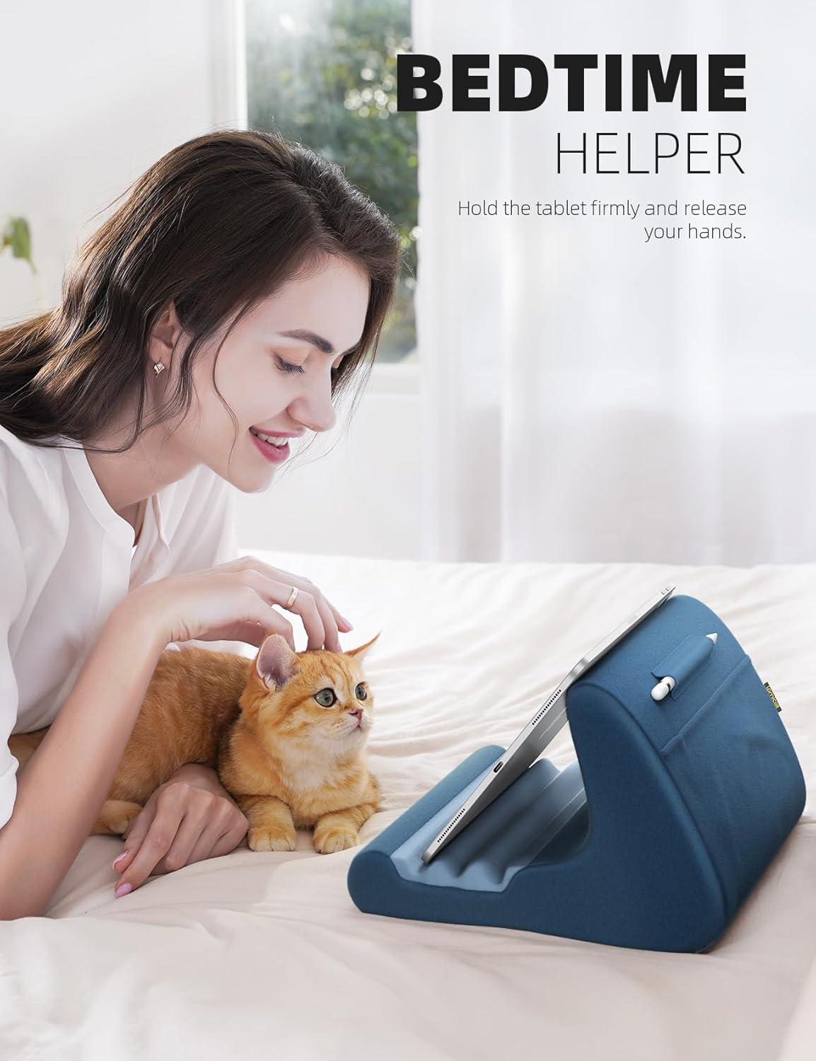 imageLamicall Tablet Stand Pillow Holder  Soft Pad for Bed Lap Dock With Stylus Mount ampamp Pocket for iPad Pro 129 Air Mini Kindle Galaxy Tab and 413quot Tablets Dark GreyRoyal Blue