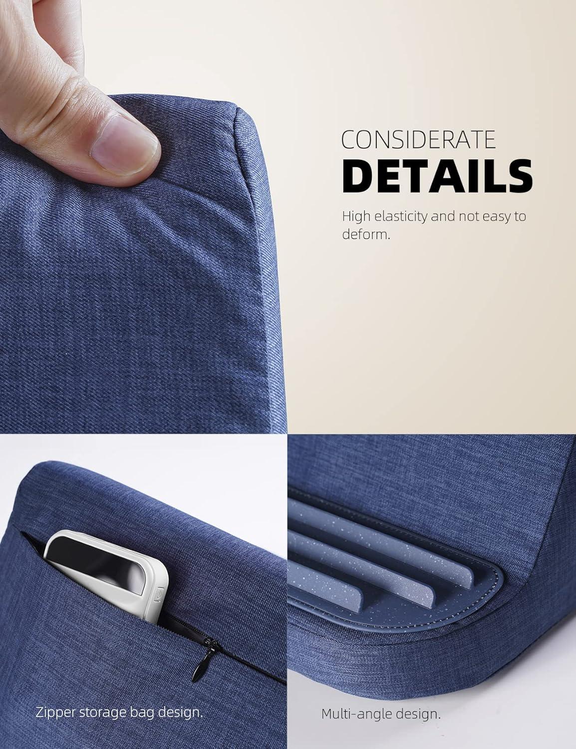 imageLamicall Tablet Stand Tablet Pillow Holder  Case Friendly Tablet Pillow Soft Pad with Pocket for Lap Bed and Sofa Compatible with iPad Pro Air Mini Kindle Galaxy and More 413quot Devices Blue