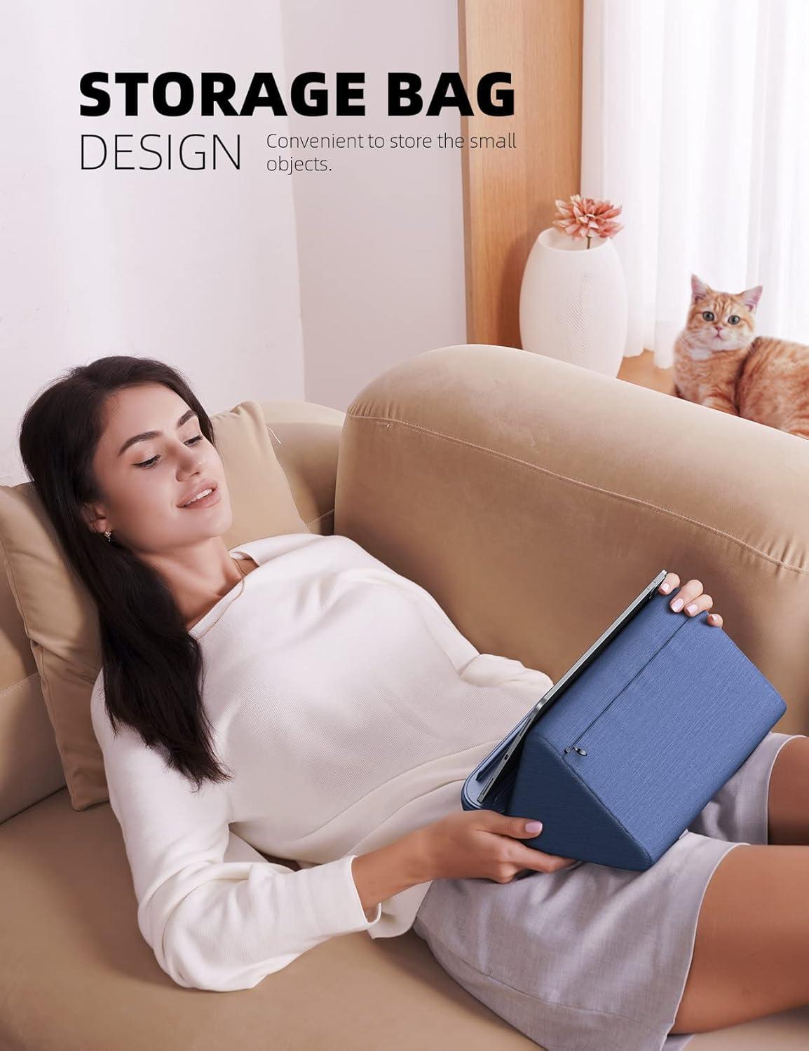 imageLamicall Tablet Stand Tablet Pillow Holder  Case Friendly Tablet Pillow Soft Pad with Pocket for Lap Bed and Sofa Compatible with iPad Pro Air Mini Kindle Galaxy and More 413quot Devices Blue