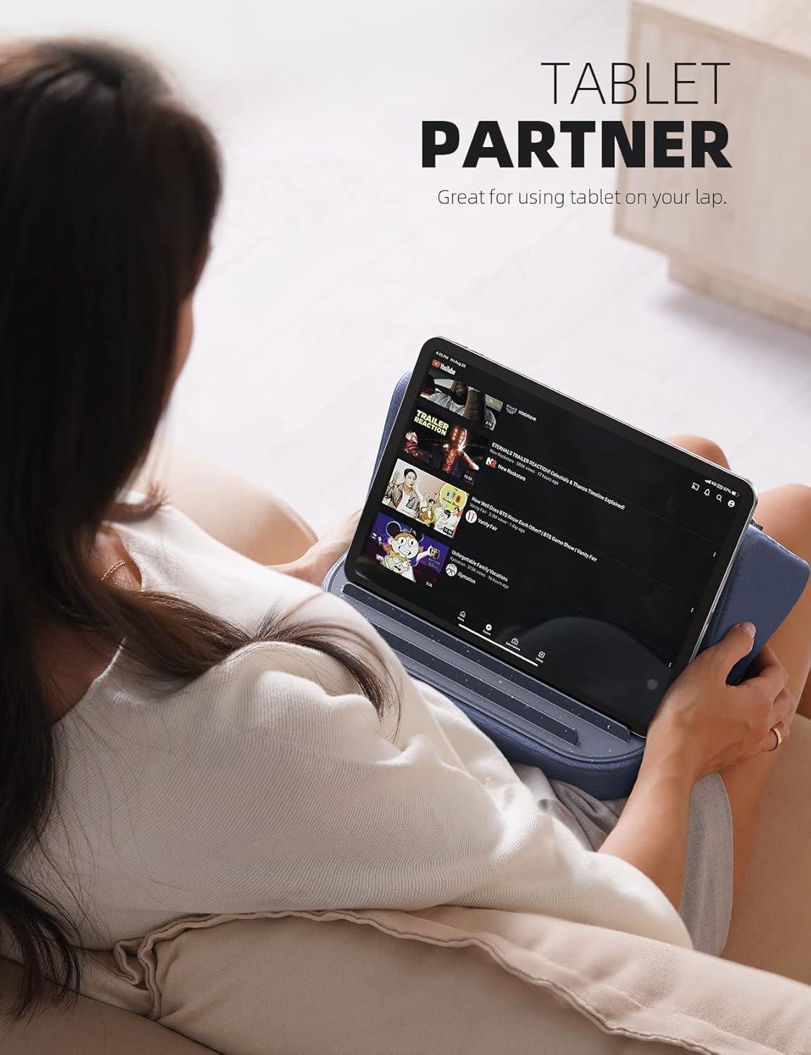 imageLamicall Tablet Stand Tablet Pillow Holder  Case Friendly Tablet Pillow Soft Pad with Pocket for Lap Bed and Sofa Compatible with iPad Pro Air Mini Kindle Galaxy and More 413quot Devices Blue