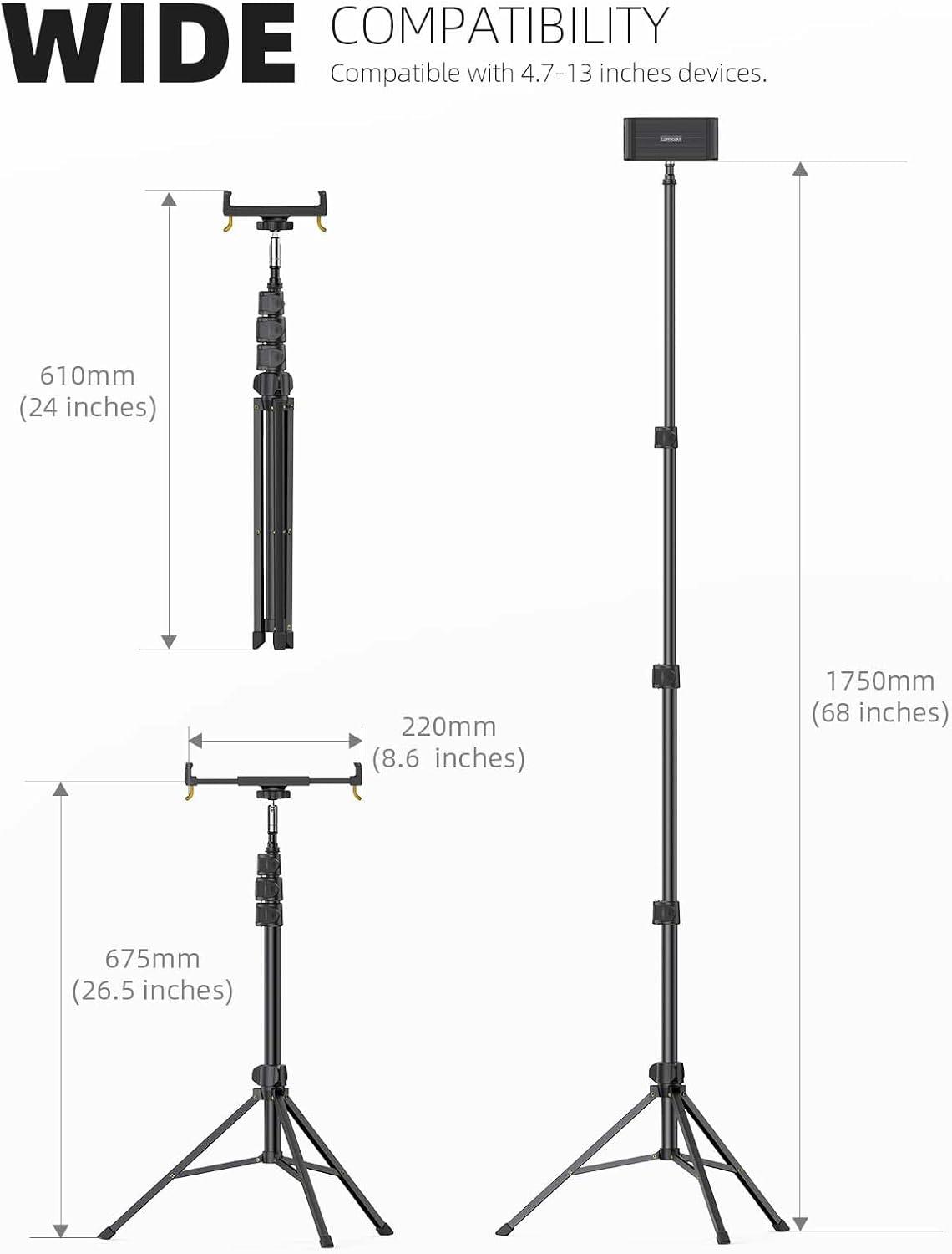 imageLamicall Tablet Stand Tripod Holder  68quot Height Adjustable Floor Tablet Mount for Live StreamWatching Compatible with iPad Pro 12911 Mini Air iPhone and 4713quot Tablets and Phones Black