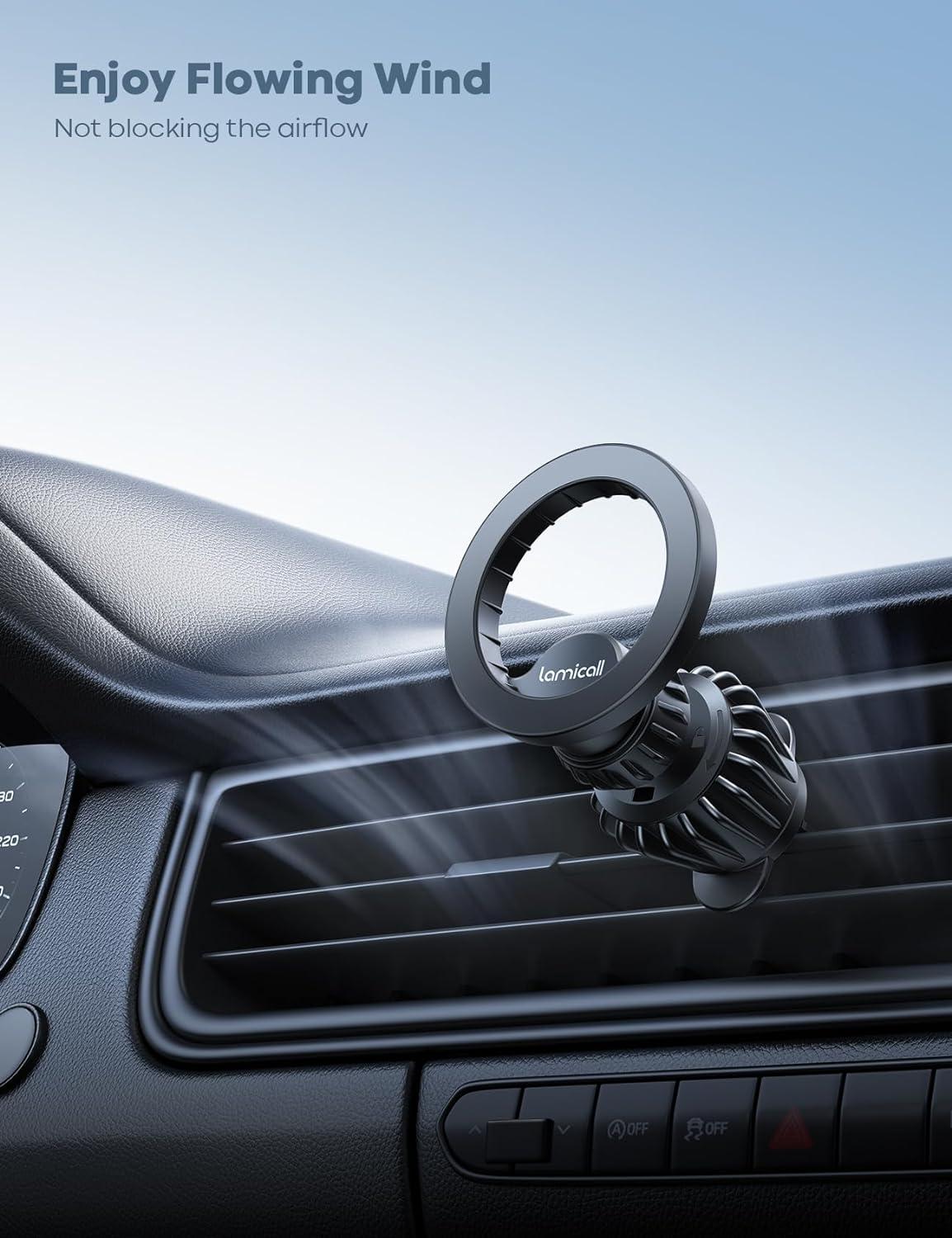 imageLamicall for MagSafe Car Mount  20 Super Magnets Magnetic Car Phone Mount Air Vent Phone Holder Car Hands Free Cell Phone Holder Clip Car Accessories fit iPhone 16 15 14 13 Pro Plus Max1Black