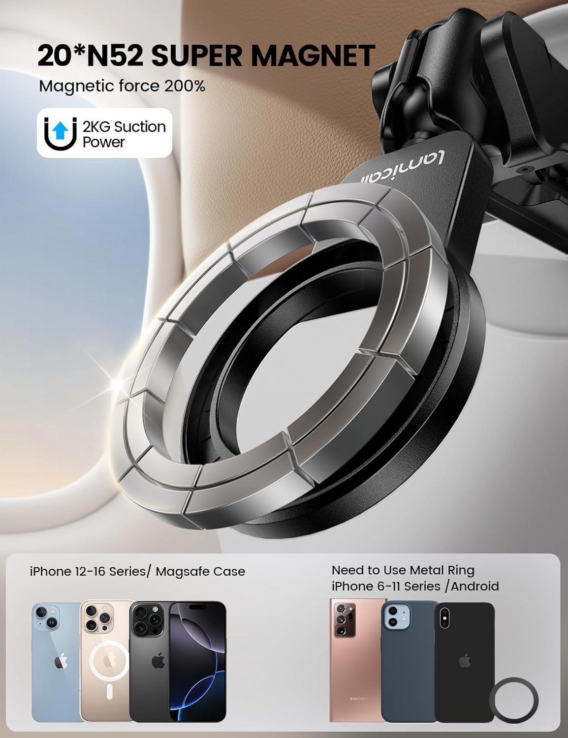 imageLamicall for Magsafe Airplane Phone Holder Airplane Travel Essentials for Flying Plane Handsfree Airport Phone Mount Long Flight Must Haves for Woman Man Fits iPhone 16 15 14 Pro Max SeriesBlack