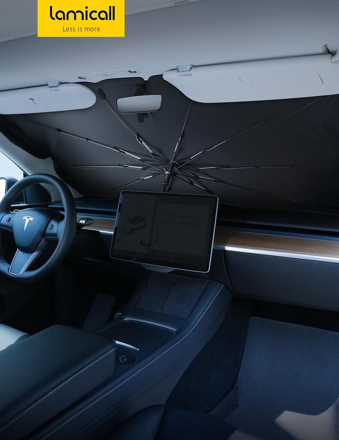 imageTesla Model 3Y Windshield Sunshade  2025 Upgrade Foldable Sunshade Umbrella 5Layer UV Block 10Rib Frame Fits Tesla Model 3Y 20172025 Interior Sun Protection Tesla Accessories