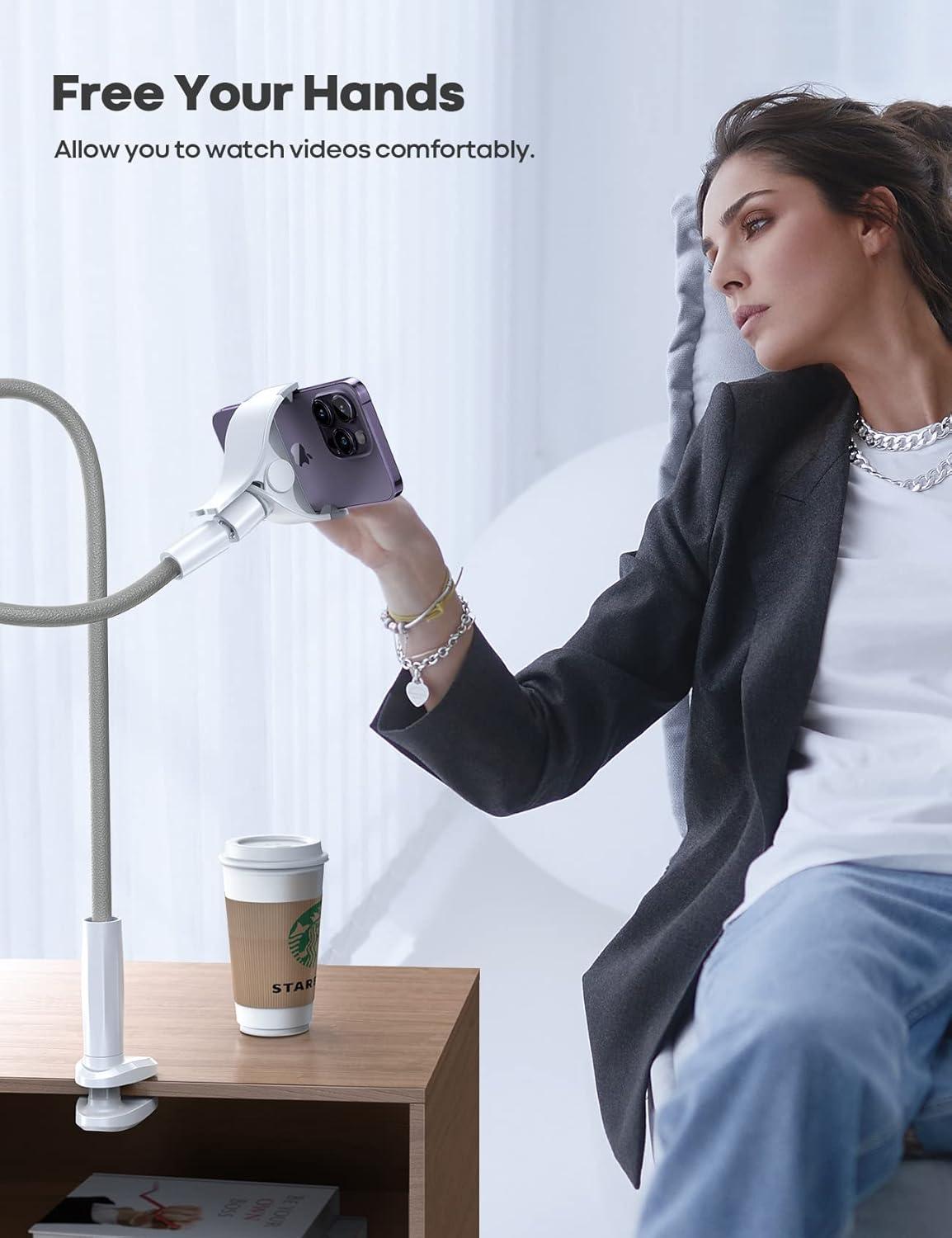 imageLamicall Gooseneck Phone Holder Bed  Nylon Braided Flexible Arm 38inch Overall Length 360 Adjustable Clamp Clip Overhead Cell Phone Mount Stand for Bed Desk 47 CellphoneGrey