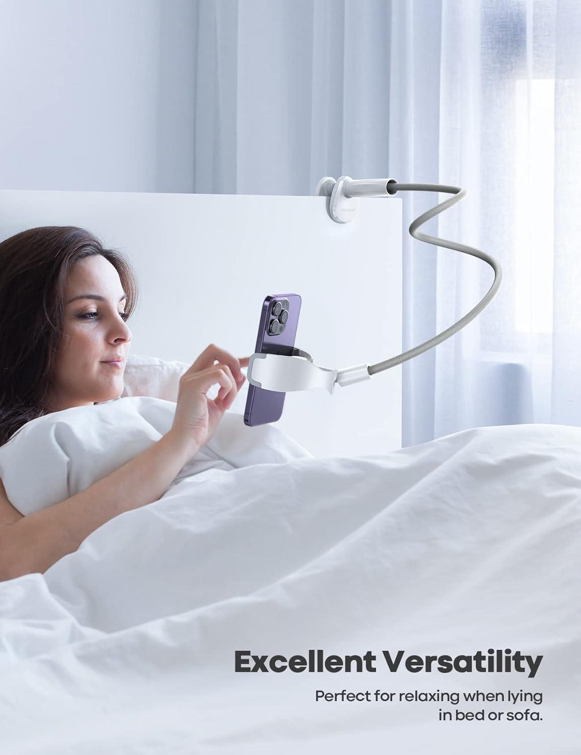 imageLamicall Gooseneck Phone Holder Bed  Nylon Braided Flexible Arm 38inch Overall Length 360 Adjustable Clamp Clip Overhead Cell Phone Mount Stand for Bed Desk 47 CellphoneGrey