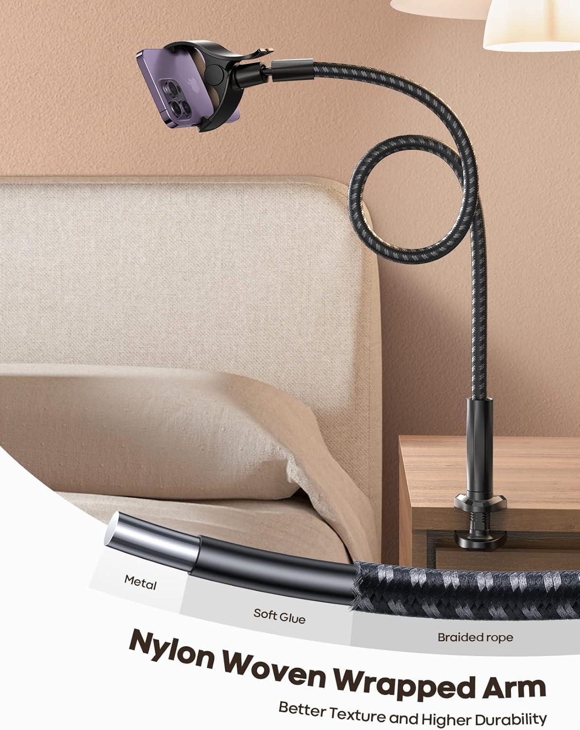 imageLamicall Gooseneck Phone Holder Bed  Nylon Braided Flexible Arm 38inch Overall Length 360 Adjustable Clamp Clip Overhead Cell Phone Mount Stand for Bed Desk 47 CellphoneBlack