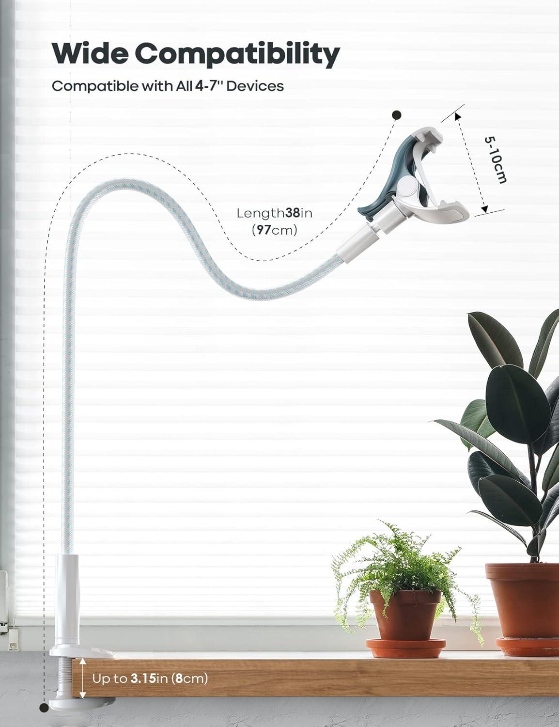 imageLamicall Gooseneck Phone Holder Bed  Nylon Braided Flexible Arm 38inch Overall Length 360 Adjustable Clamp Clip Overhead Cell Phone Mount Stand for Bed Desk 47 Cellphoneblue white