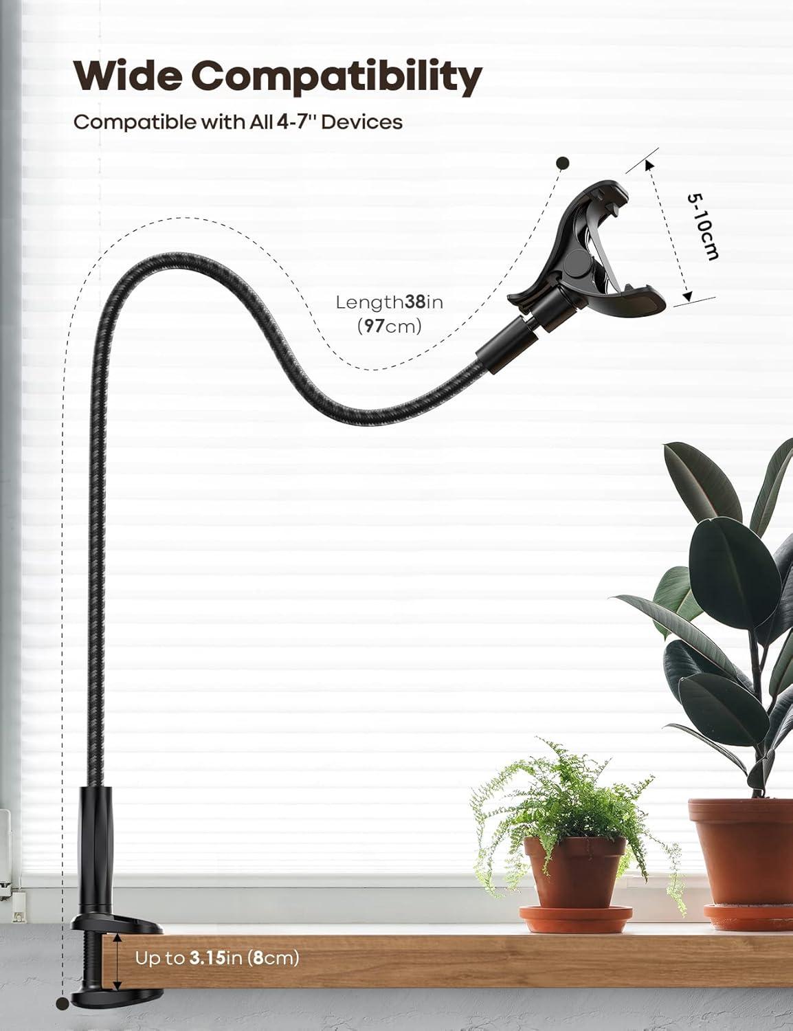 imageLamicall Gooseneck Phone Holder Bed  Nylon Braided Flexible Arm 38inch Overall Length 360 Adjustable Clamp Clip Overhead Cell Phone Mount Stand for Bed Desk 47 CellphoneBlack