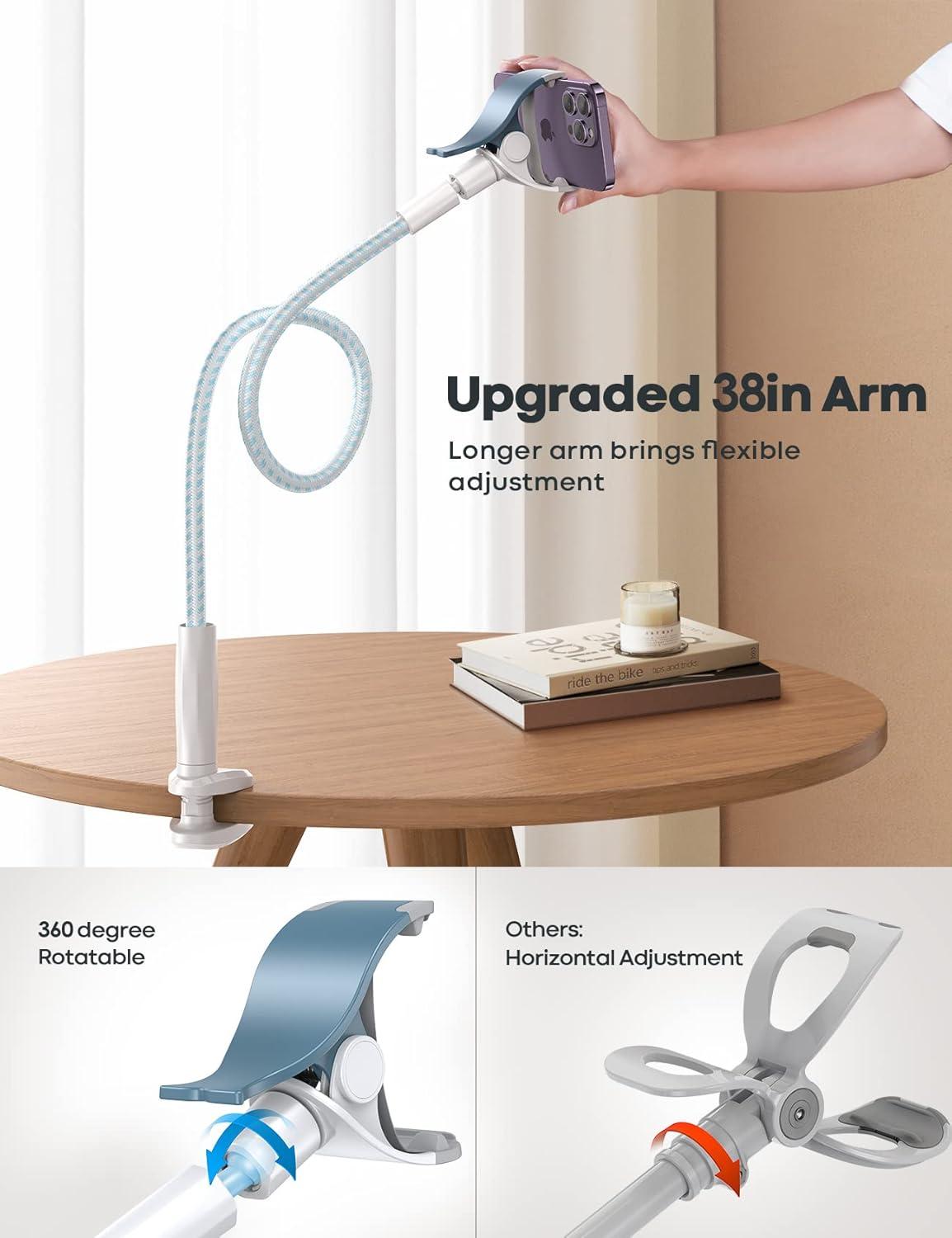 imageLamicall Gooseneck Phone Holder Bed  Nylon Braided Flexible Arm 38inch Overall Length 360 Adjustable Clamp Clip Overhead Cell Phone Mount Stand for Bed Desk 47 Cellphoneblue white
