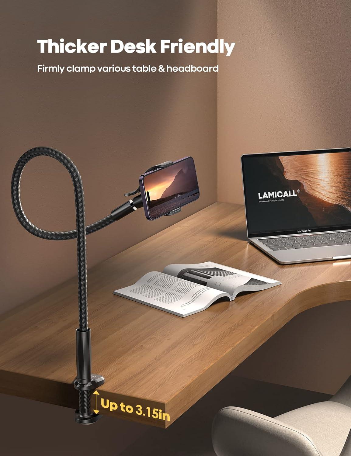 imageLamicall Gooseneck Phone Holder Bed  Nylon Braided Flexible Arm 38inch Overall Length 360 Adjustable Clamp Clip Overhead Cell Phone Mount Stand for Bed Desk 47 CellphoneBlack