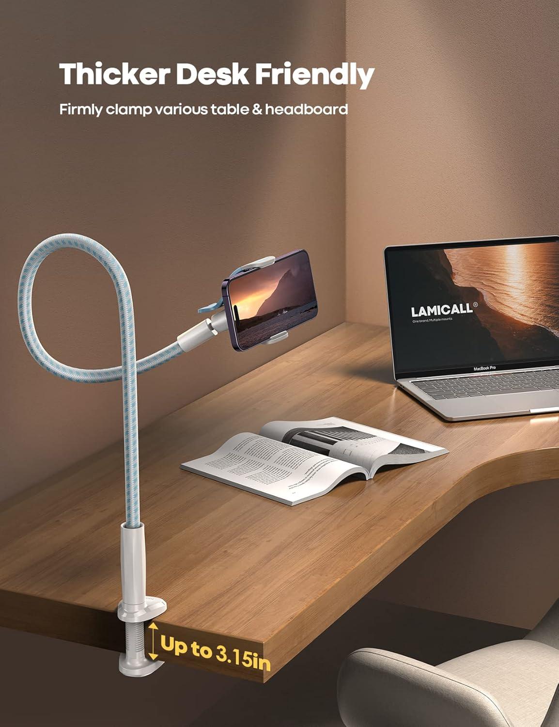 imageLamicall Gooseneck Phone Holder Bed  Nylon Braided Flexible Arm 38inch Overall Length 360 Adjustable Clamp Clip Overhead Cell Phone Mount Stand for Bed Desk 47 Cellphoneblue white