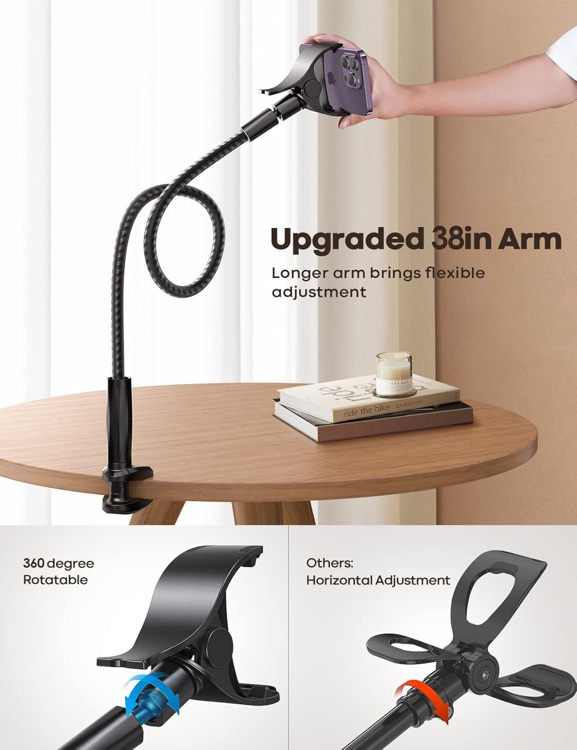 imageLamicall Gooseneck Phone Holder Bed  Nylon Braided Flexible Arm 38inch Overall Length 360 Adjustable Clamp Clip Overhead Cell Phone Mount Stand for Bed Desk 47 CellphoneBlack